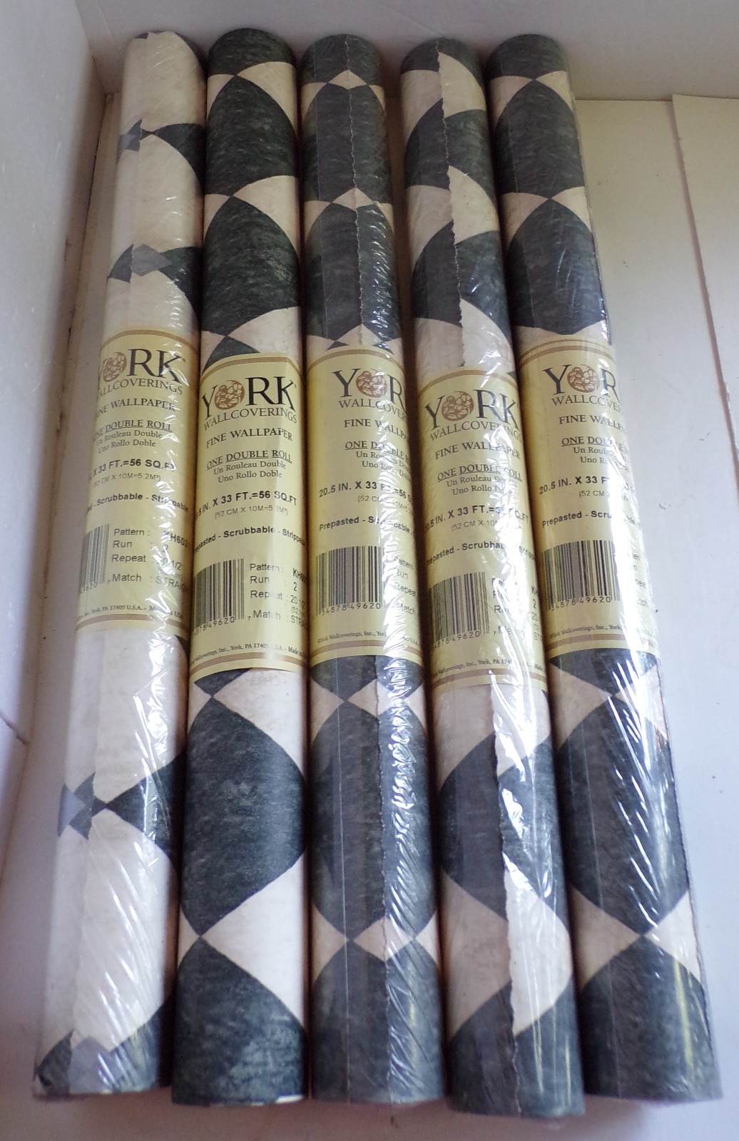 VTG York Wallpaper Double Roll Lot (5) Faux Black Cream Marble Geometric KH6031