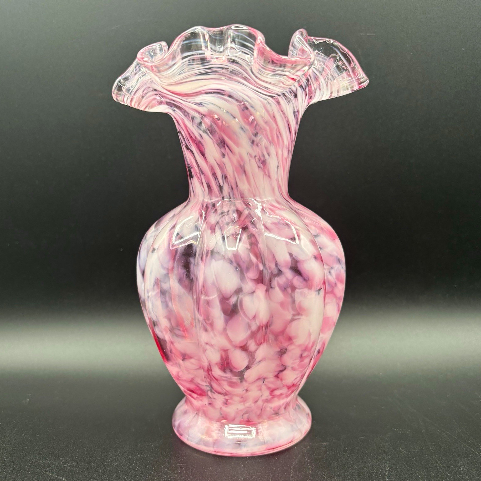 Fenton Murrhina Rose Mist Vase Pink Ruffled Vintage 8”