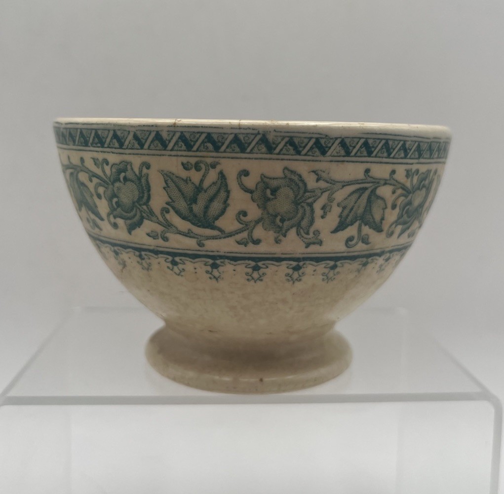 French Footed Ceramic Antique Bowl Stained Late 1800’s Green Floral Transfer French Footed Ceramic Antique Bowl Stained Late 1800’s Green Floral Transfer