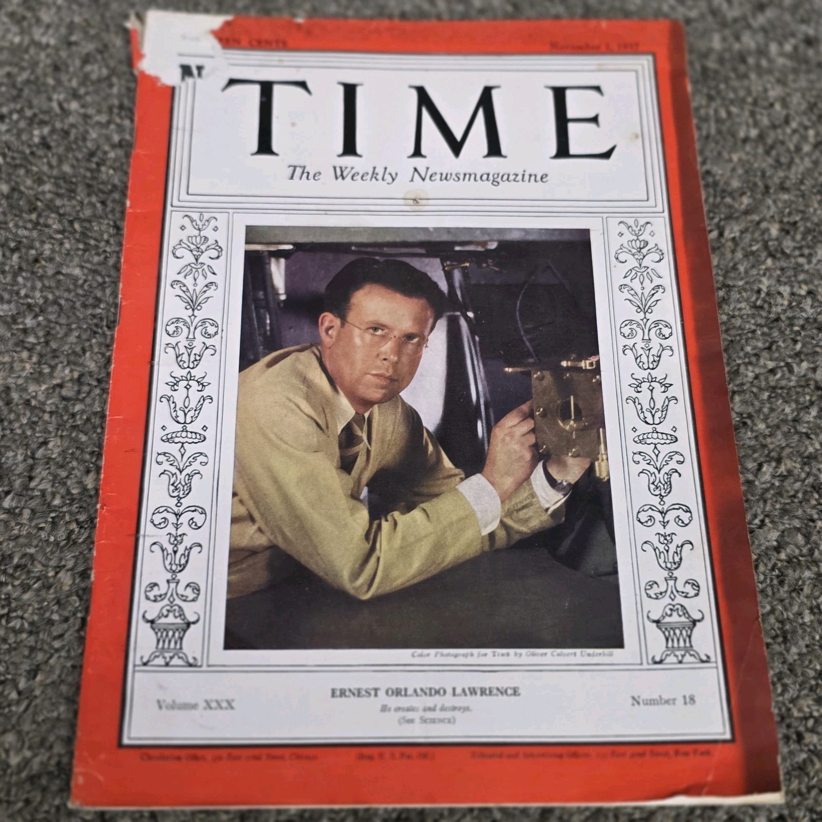 1937 NOVEMBER 1 TIME MAGAZINE - ERNEST ORLANDO LAWRENCE - T 585