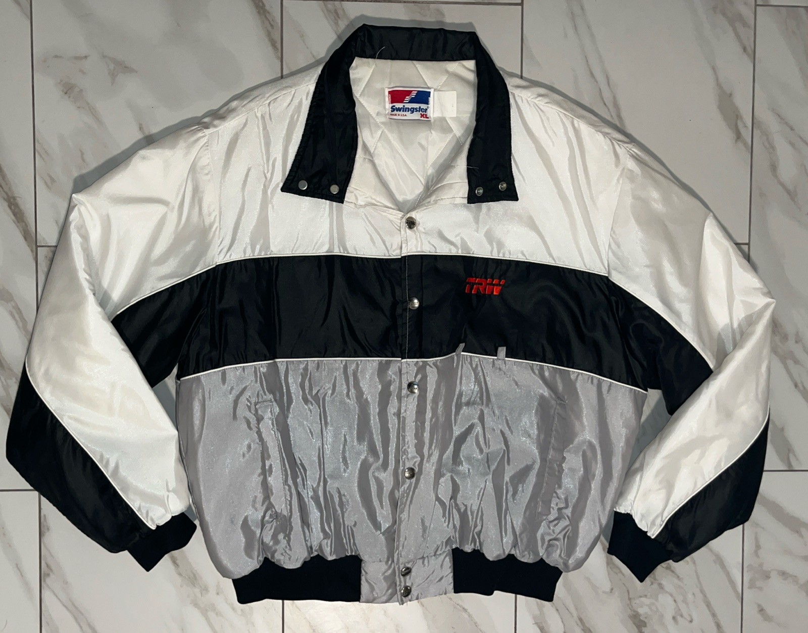 Vintage Swingster USA Men’s XL Bomber Jacket Quilted Lined Black White Gray