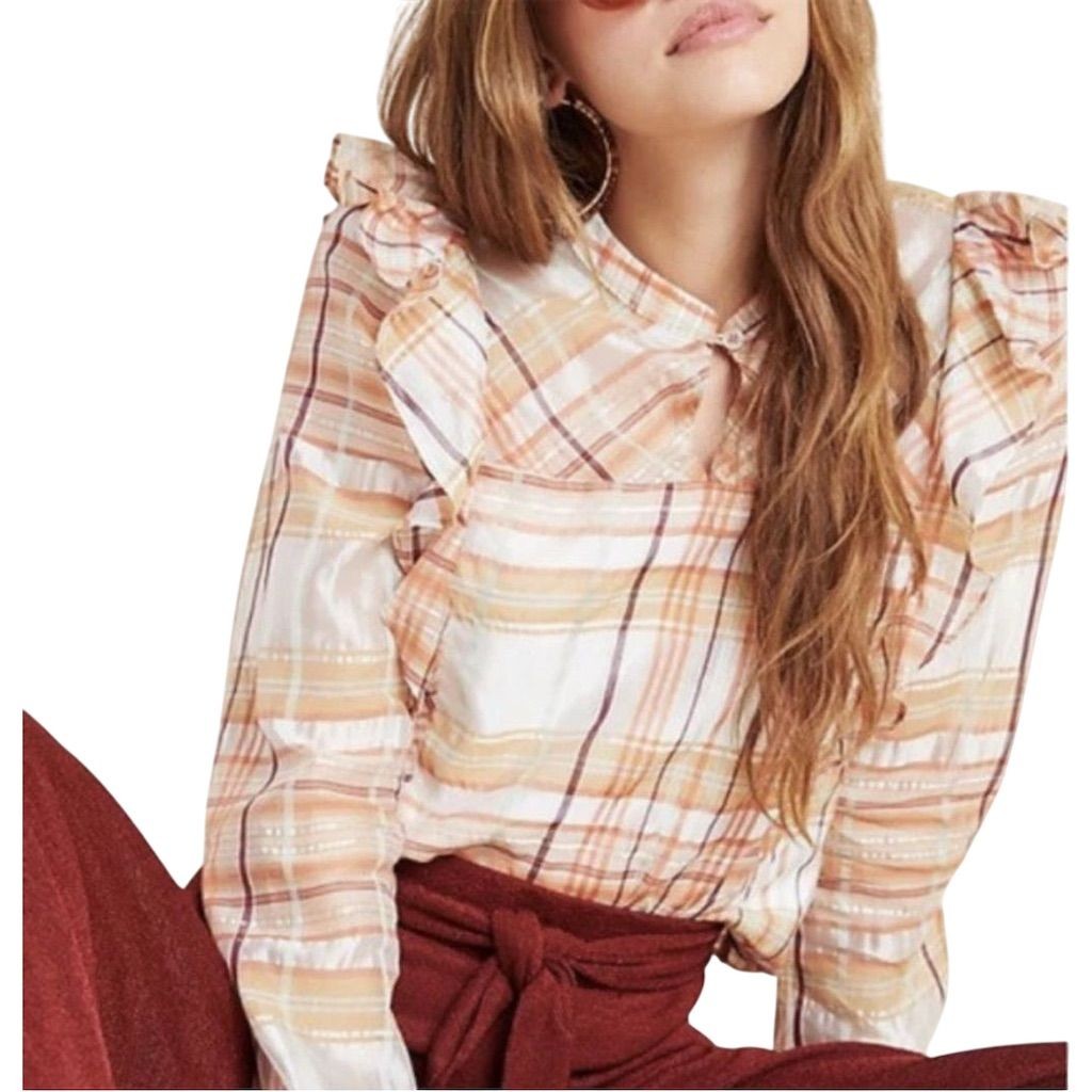Anthropologie Current Air Plaid Ruffle Silk Blend Blouse Boxy M Cowgirl Rodeo