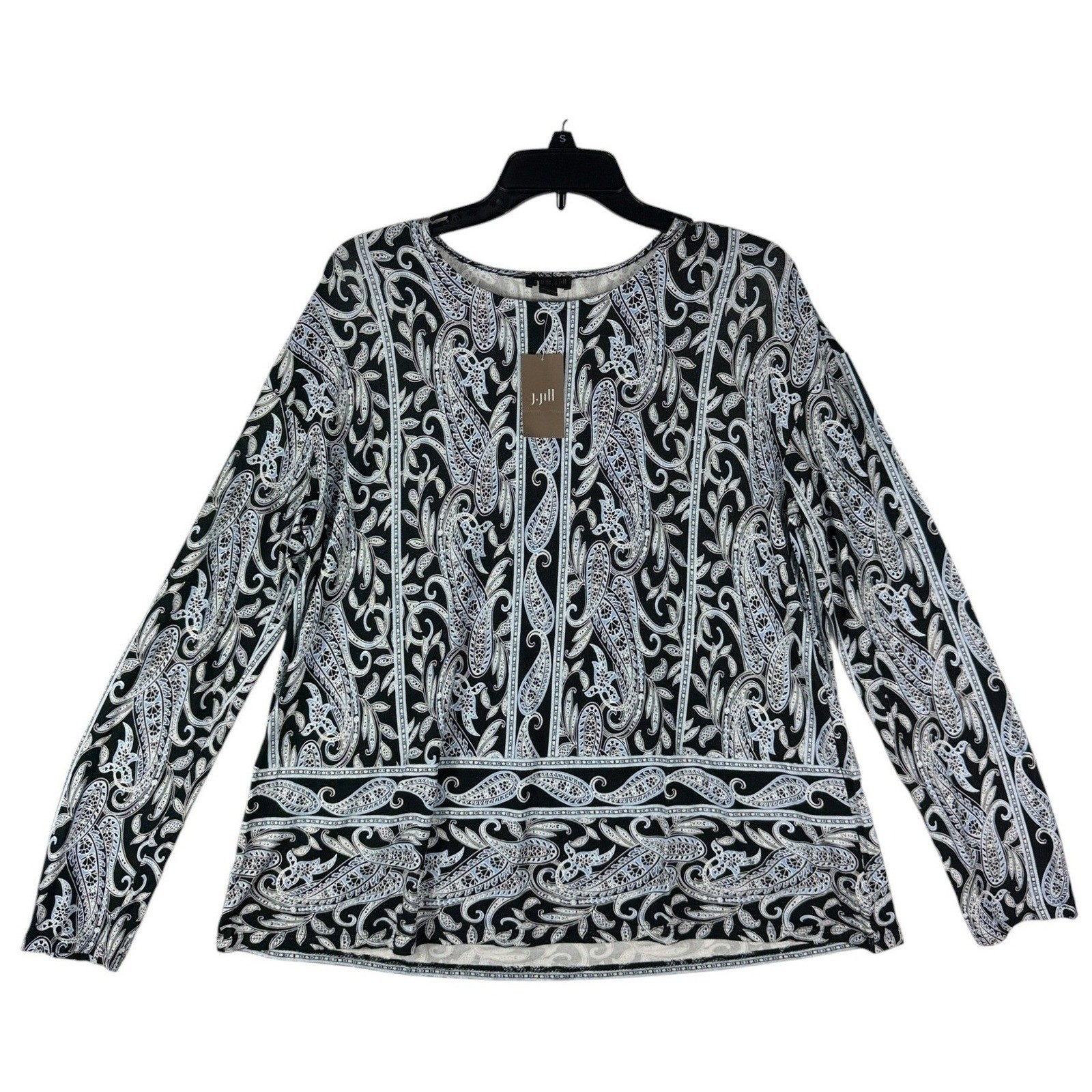 J. Jill Wearever Porcelain Paisley Scoop Neck Long Sleeve Black Blue Medium NWT