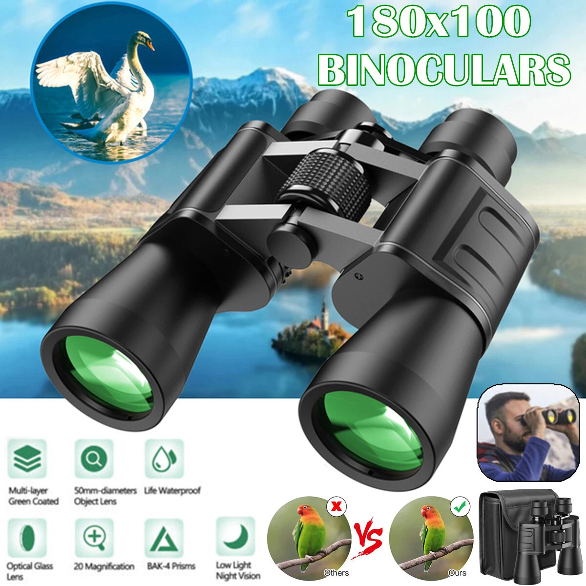 180x100 HD Military Zoom Powerful Binoculars Day/Low Night Optics Hunting &Case