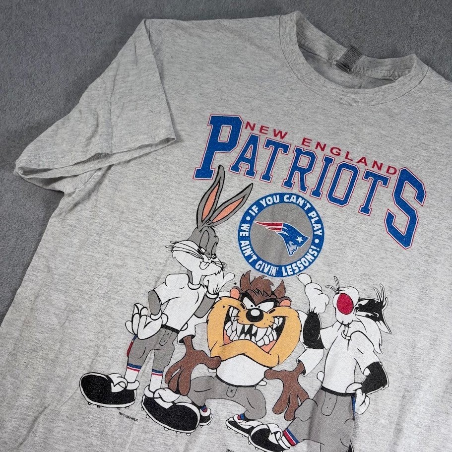 VTG Gildan New England Patriots Looney Tunes T-Shirt Men L Gray Heather Graphic