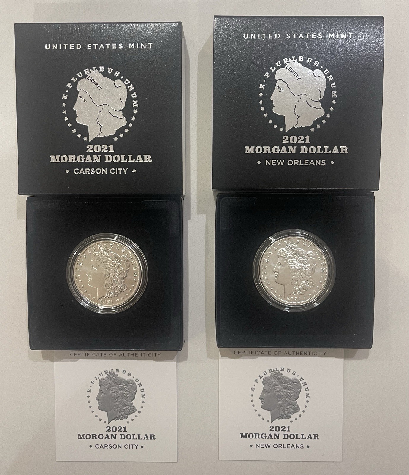2021-CC & 2021-O Morgan Silver Dollars with privy marks, OGP and COA 2021-CC & 2021-O Morgan Silver Dollars with privy marks, OGP and COA