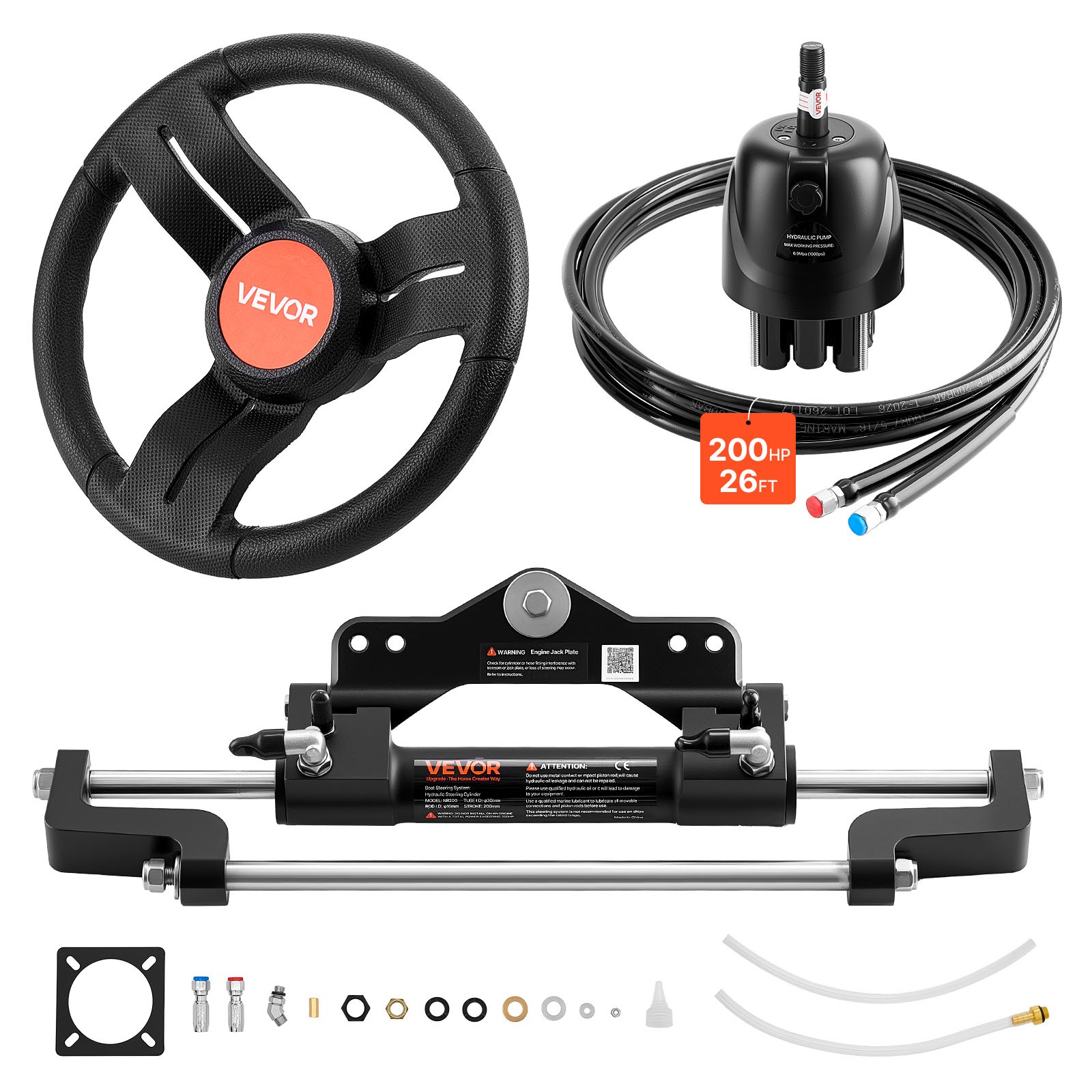 VEVOR Outboard Hydraulic Steering Kit Boat System 200 HP Helm Pump Cylinder Hose