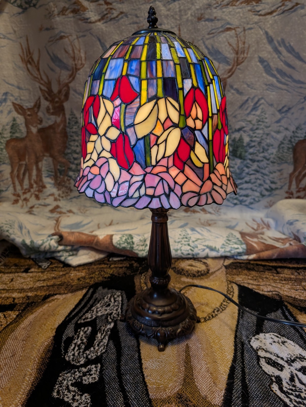 Tiffany Style Stained Glass Floral Table Lamp Tulip Shade Vntg 25\
