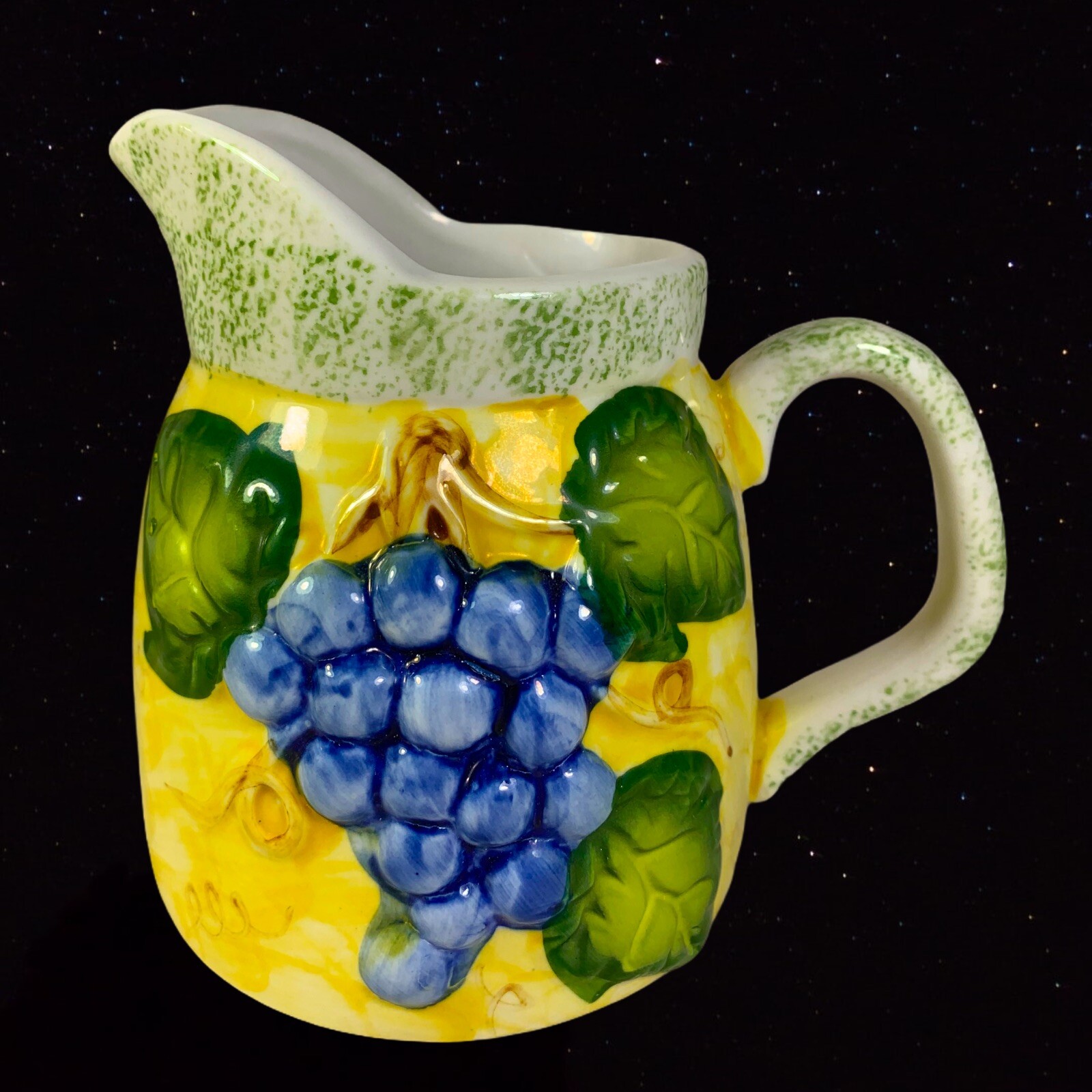 Panware Pitcher Studio Art Pottery Jug Yellow and Grapes 3.75”T 5.5”W Panware Pitcher Studio Art Pottery Jug Yellow and Grapes 3.75”T 5.5”W