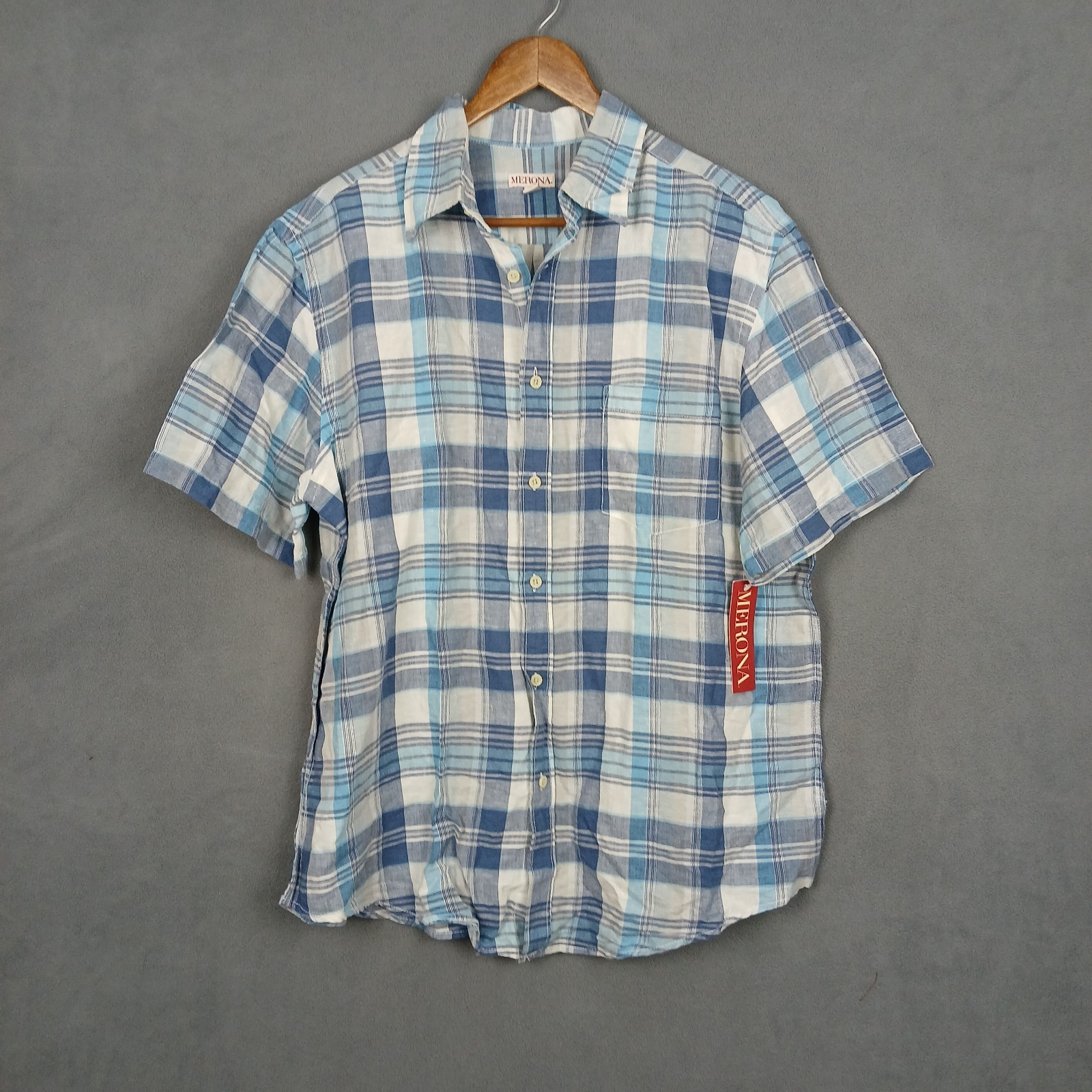 Merona Shirt Mens Large Multicolor Linen Plaid Office Short Sleeve Button Up