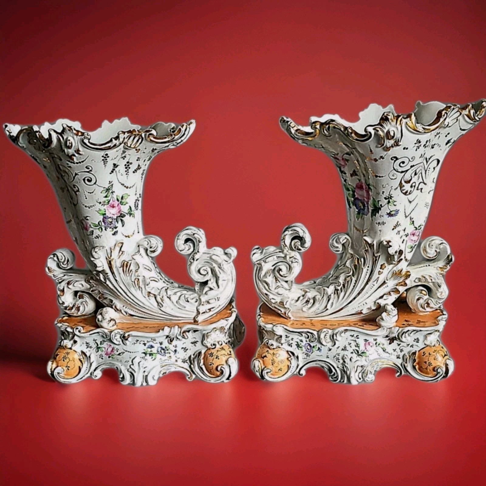 Antique French Old Paris Pair of Porcelain Cornucopia Vases Signed Jacob Petit. 