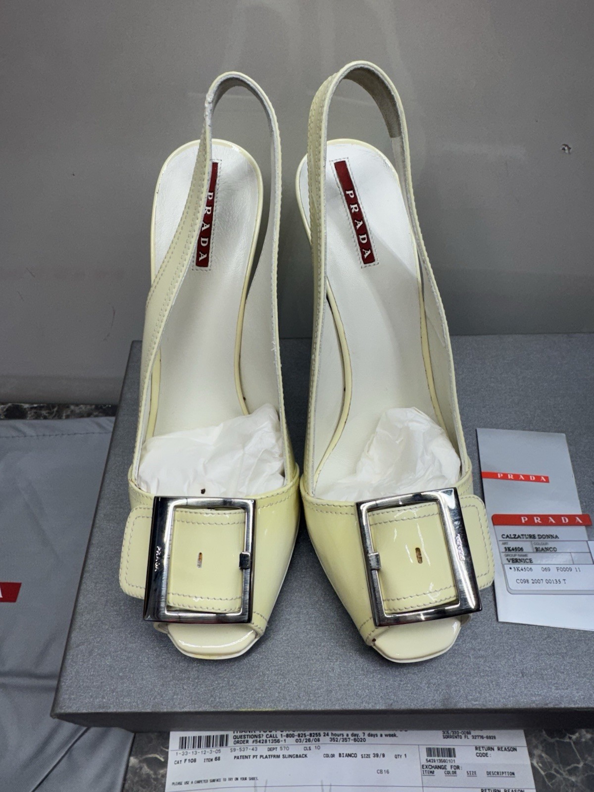 Prada  Patent Leather Platform Slingback Buckle Toe Pump Size 9 US / 39 Vintage