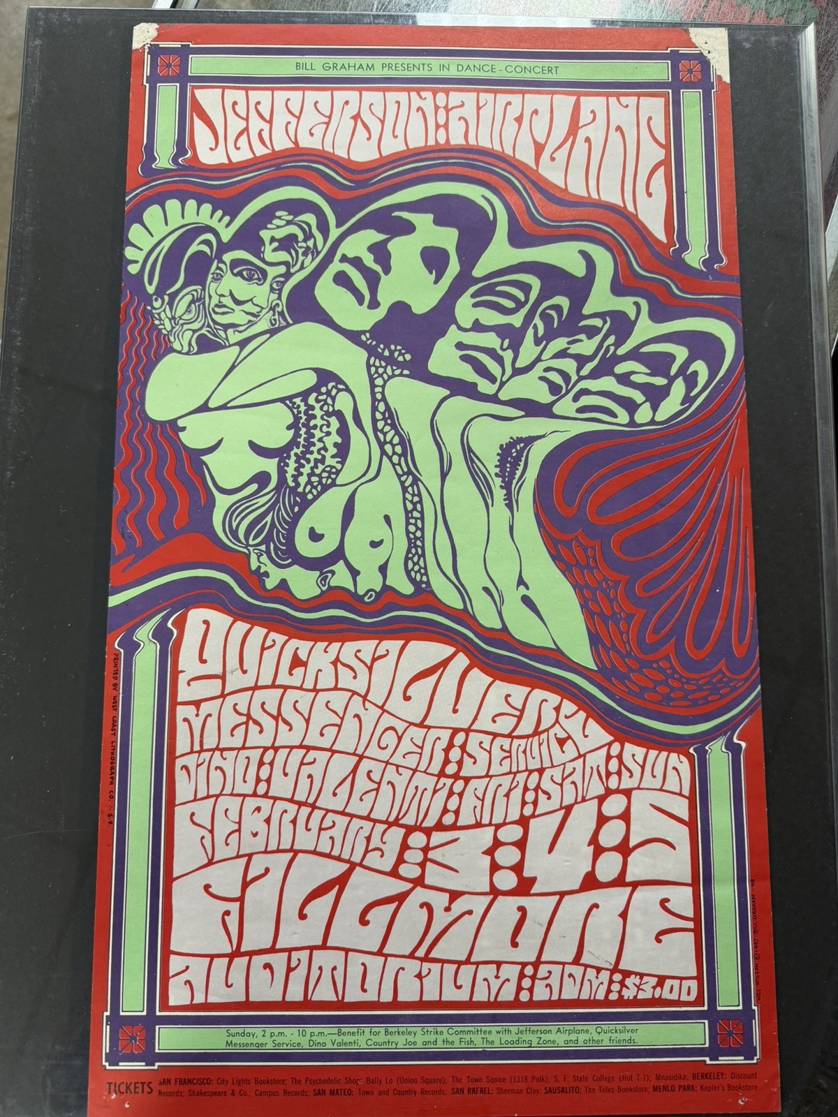 Vtg Concert Poster 1967 Jefferson Airplane Quicksilver Psychedelic Art Nude BG48