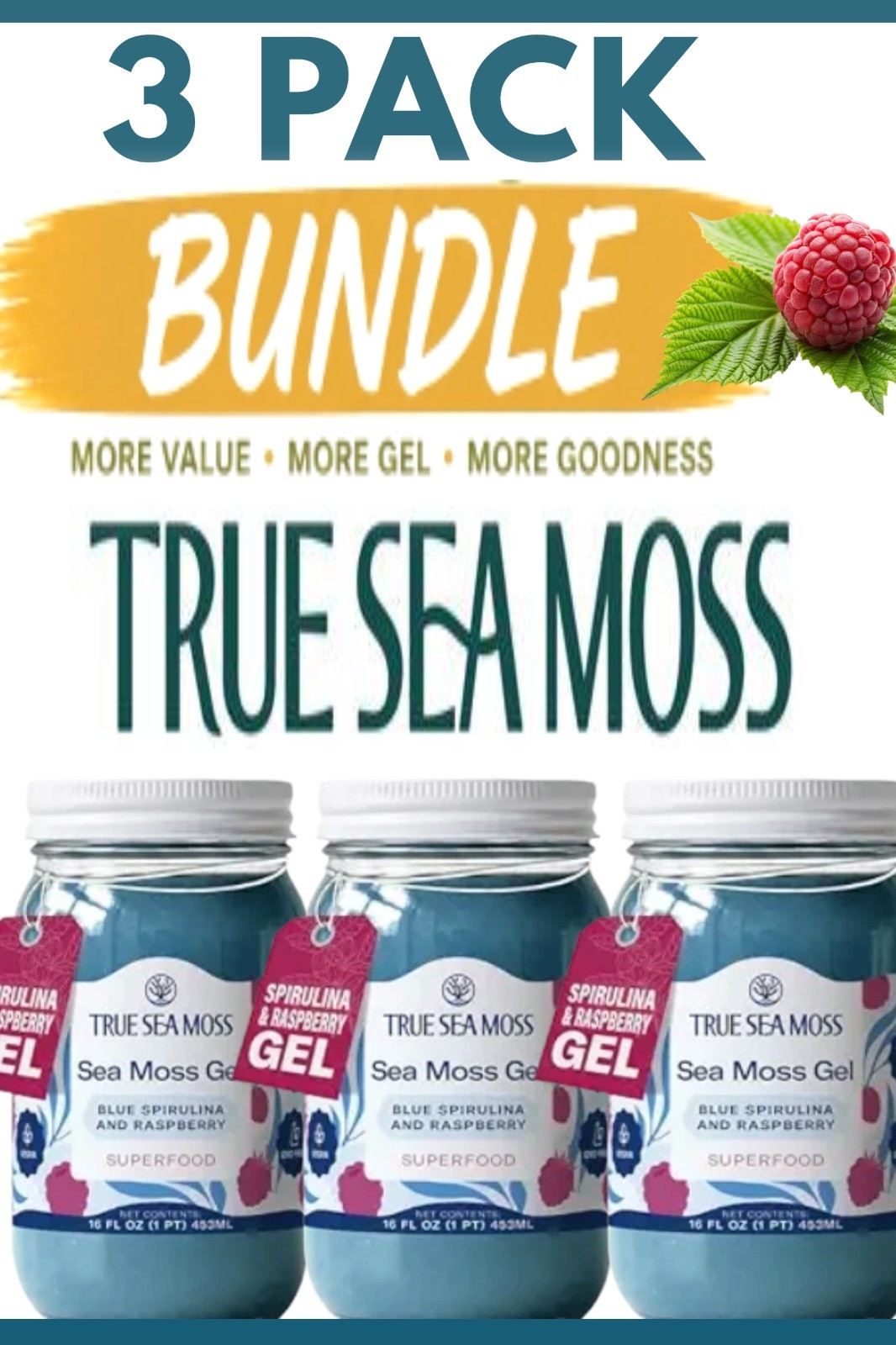 3 xTrue Sea Moss Gel Superfood Blue Spirulina and Raspberry 16 fl oz EXP 12/2026