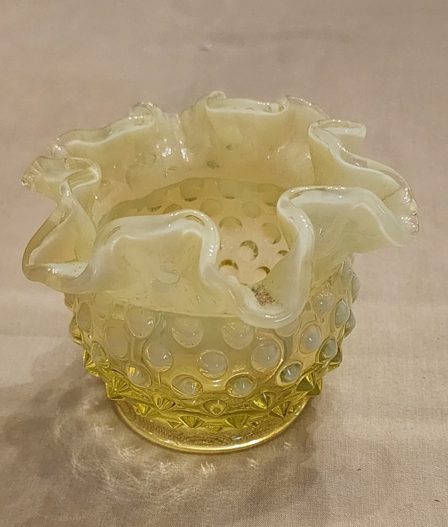 Vtg Fenton Topaz Opalescent Hobnail Rose Bowl Ruffled Glass UV Glows 4