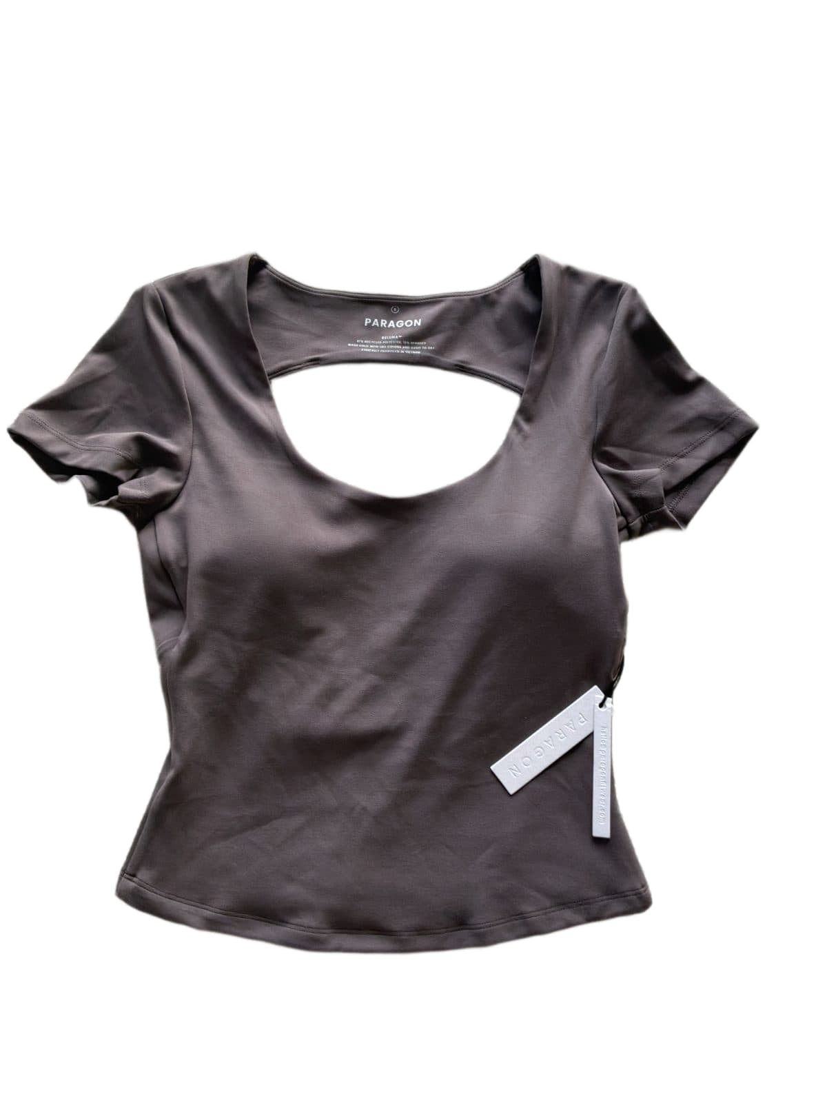 Paragon Fitwear Reluna Open Back Built-In Bra Tee Womens S Mauve Gray Crop Top Paragon Fitwear Reluna Open Back Built-In Bra Tee Womens S Mauve Gray Crop Top