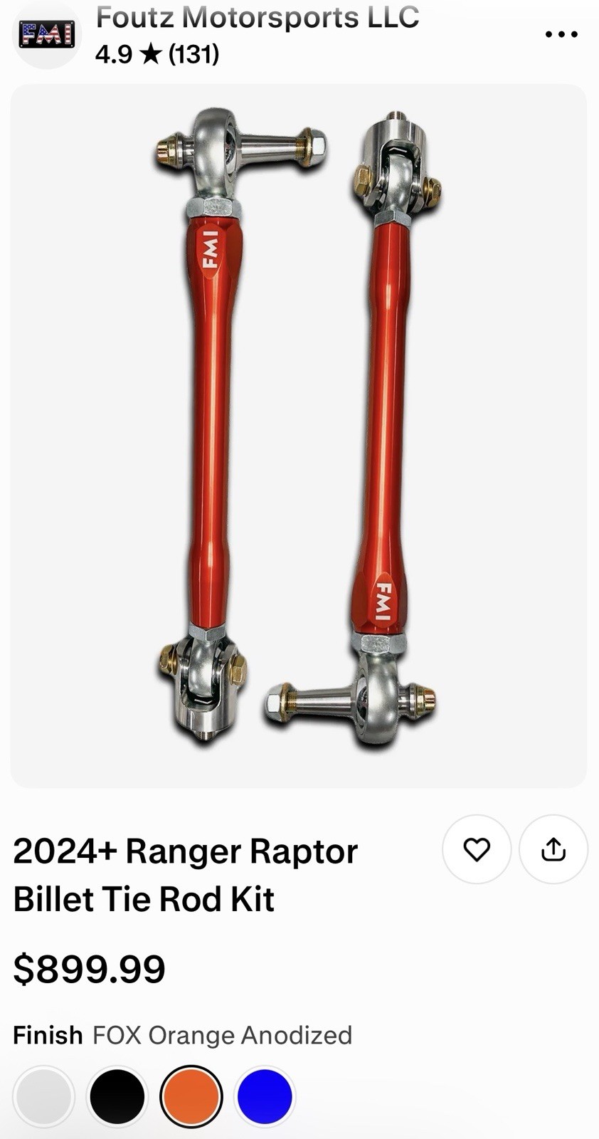 2024+ Ranger Raptor Billet Tie Rod Kit Color: Fox Orange 2024+ Ranger Raptor Billet Tie Rod Kit Color: Fox Orange