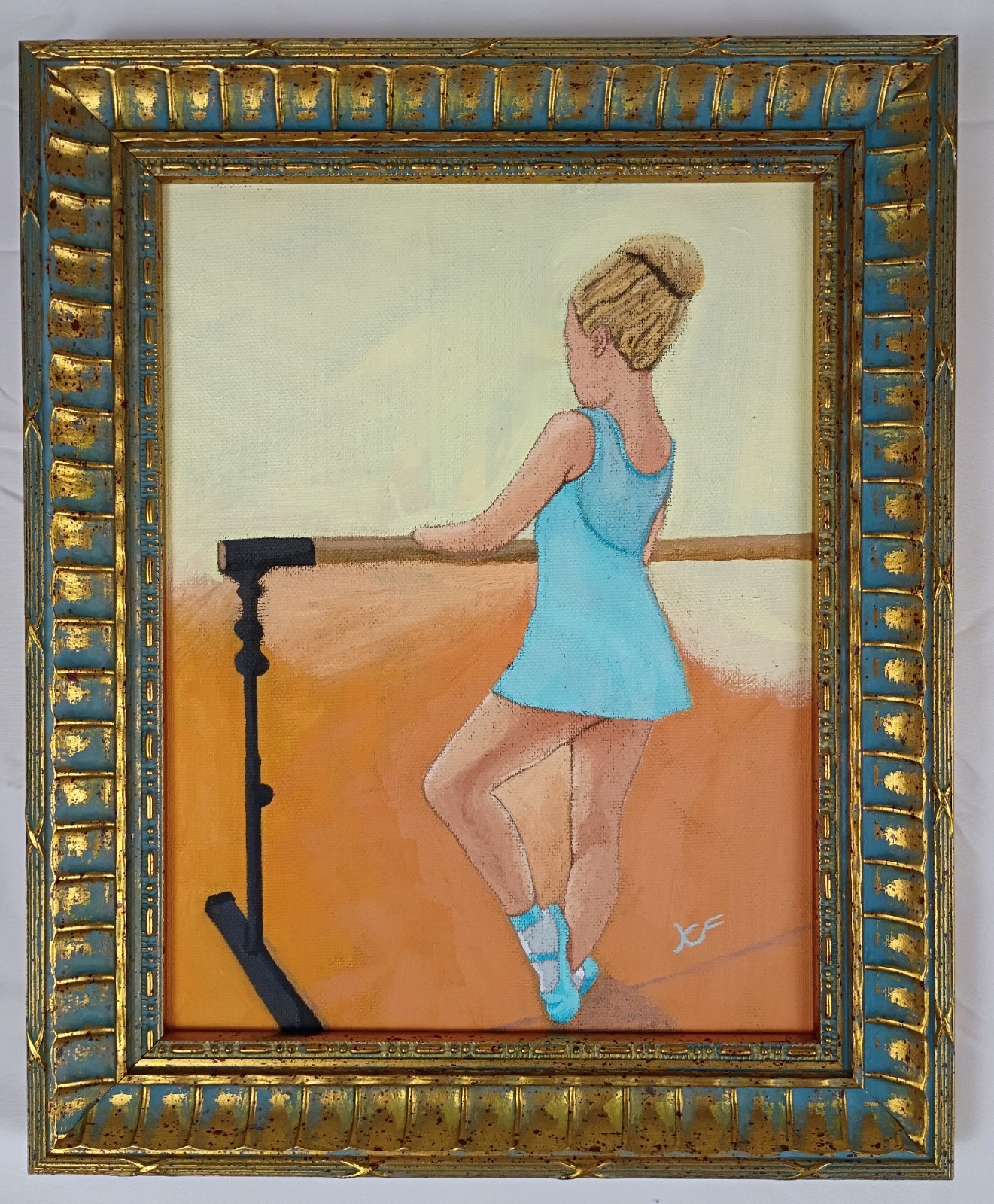 Original Ballerina Oil Painting Framed Fine Art Dance Studio Young Girl Figure