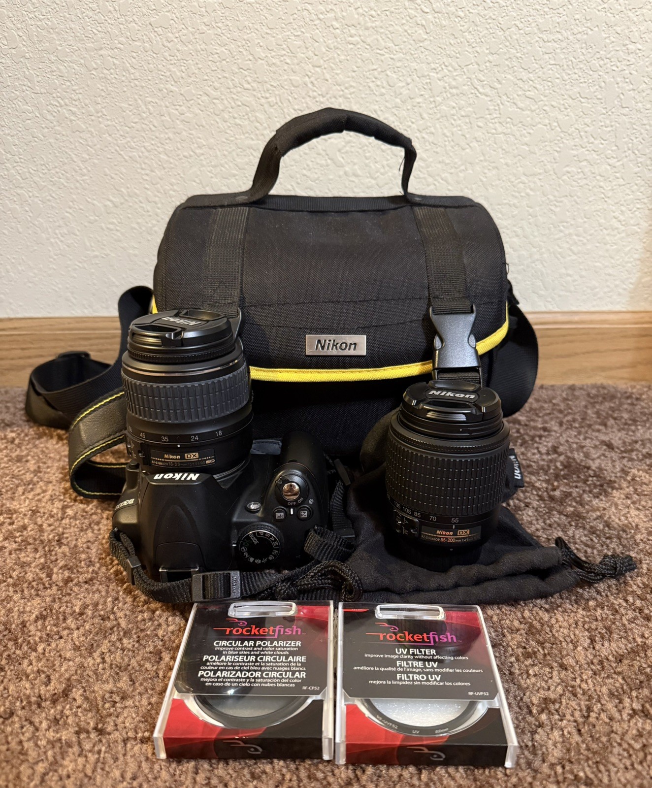 Nikon D3000 DSLR Camera with Nikkor 18-55mm and 55-200mm Lenses + Filters w/ Bag