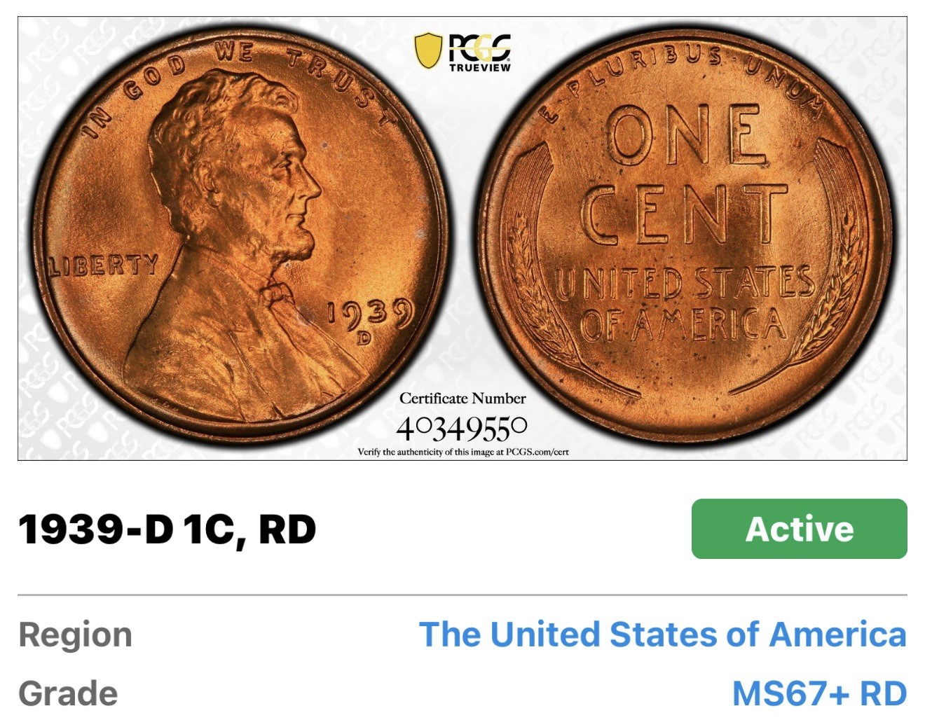 1939-D Lincoln Wheat Cent - PCGS MS67+RD CAC