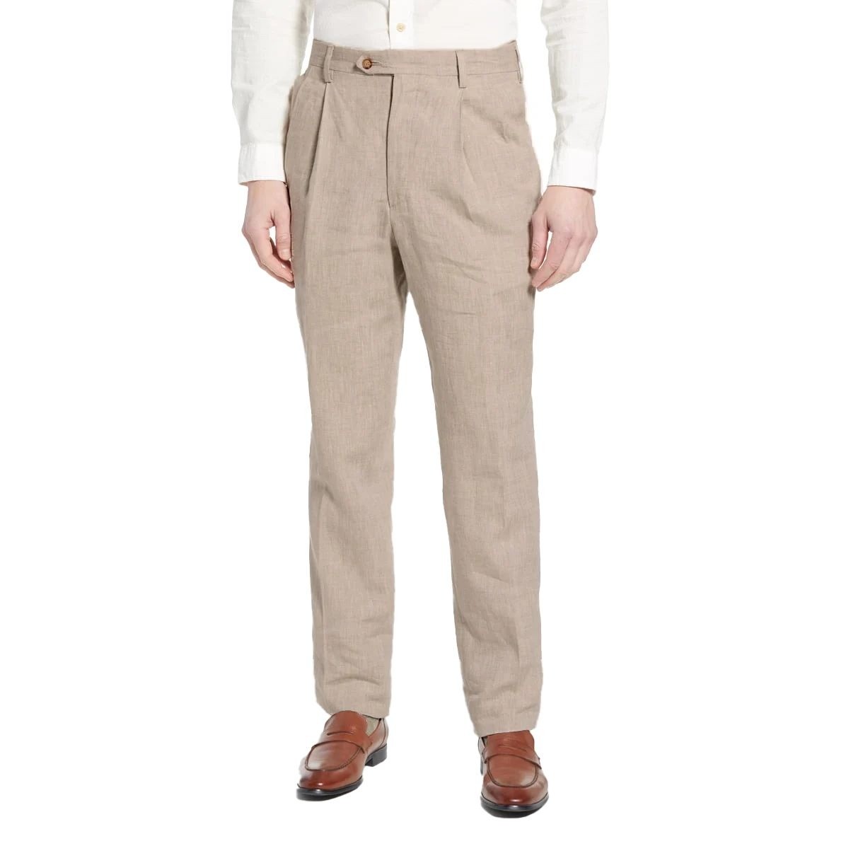 Berle Mens 34R Pleated Linen Trousers Tan Oatmeal Cuffed Dress Pants 100% Linen