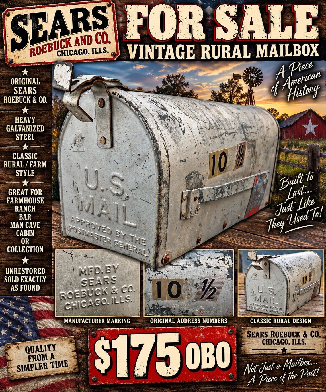 VINTAGE SEARS ROEBUCK & CO. GALVANIZED RURAL MAILBOX FARM VINTAGE SEARS ROEBUCK & CO. GALVANIZED RURAL MAILBOX FARM