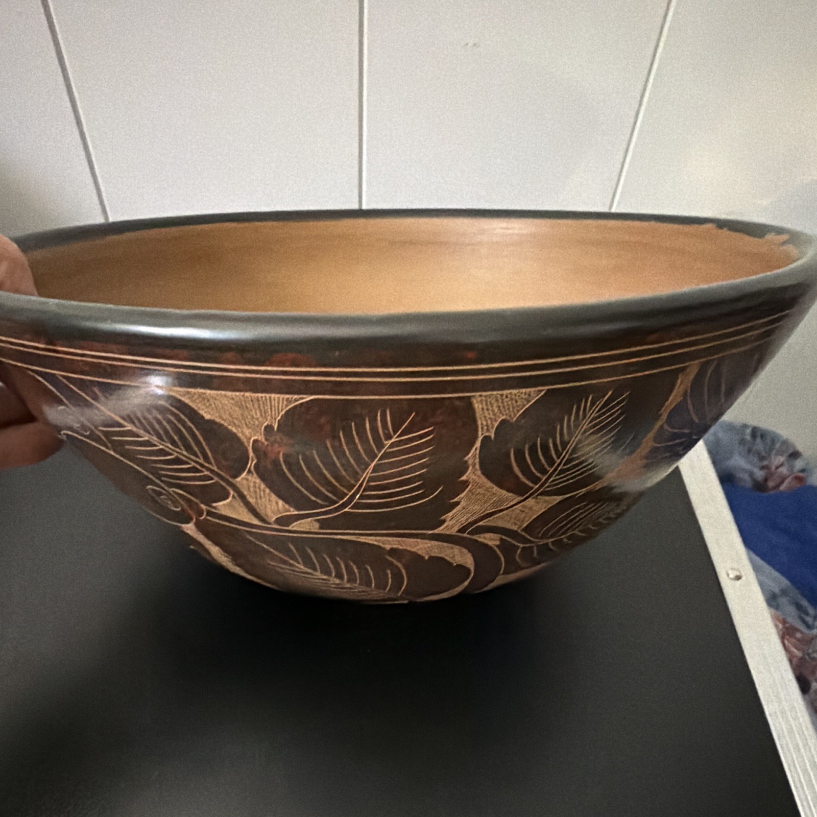 Vintage Tonala Mexican Folk Art Barro Bruñido Burnished Clay Bowl Carved Bird