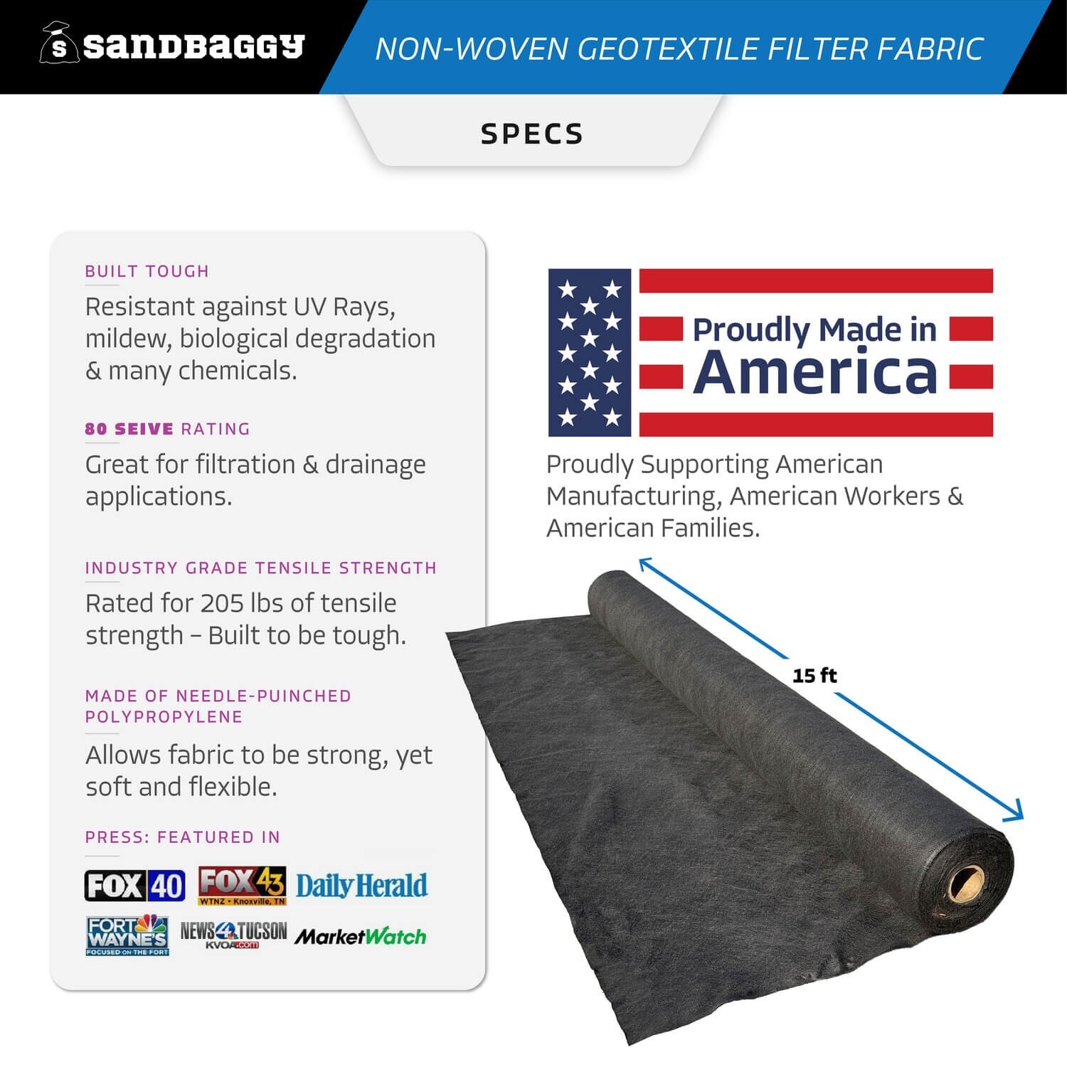 Sandbaggy 8 oz Non-Woven Geotextile Filter Fabric (15 ft x 300 ft) - Made in USA
