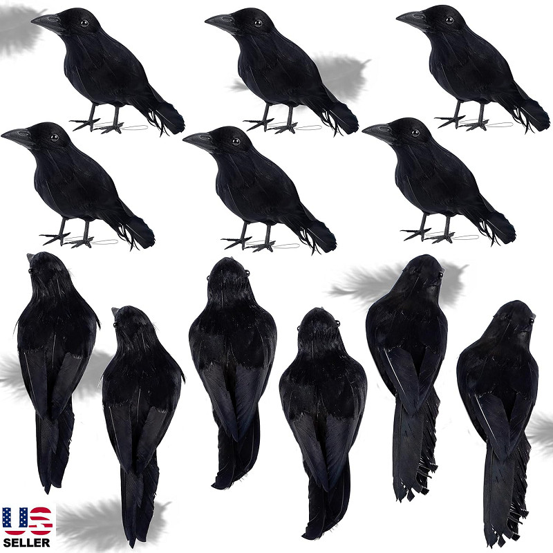 18Pcs Halloween Crow Decorations Handmade Realistic Black Feathered Lifesize Fly