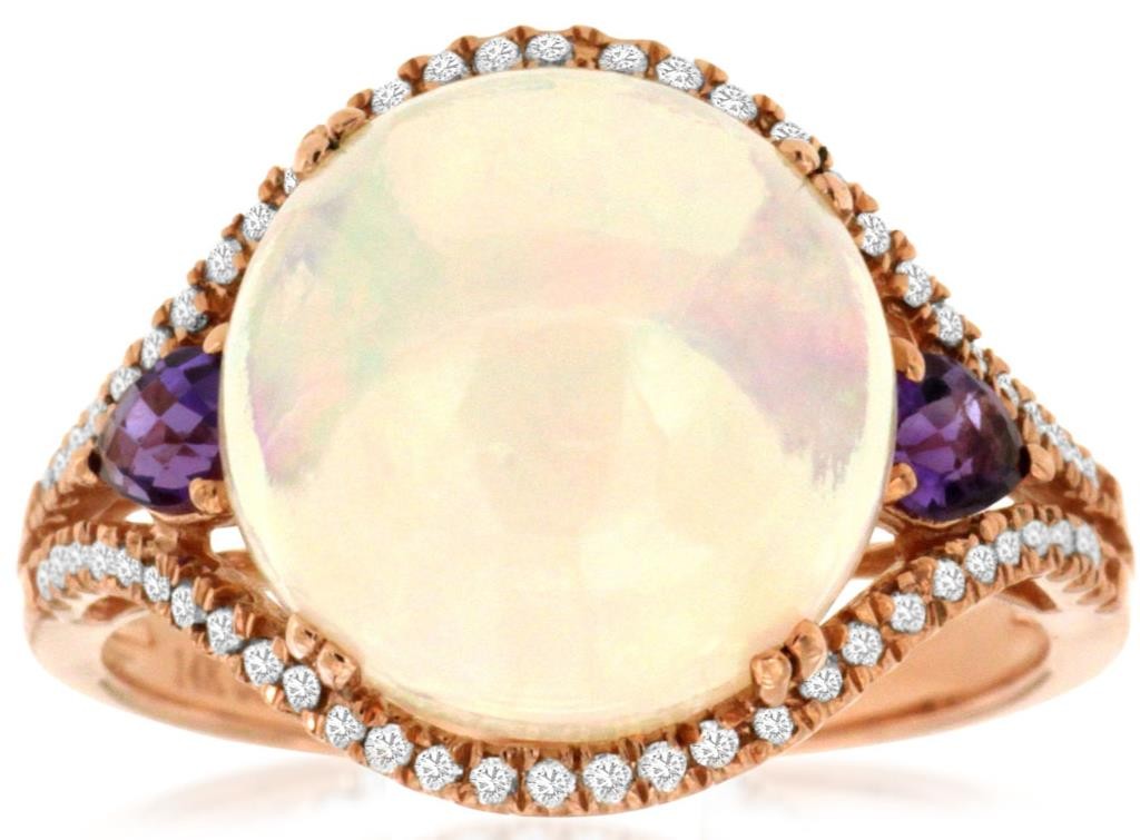 ESTATE LARGE 4.13CT DIAMOND & AAA OPAL & AAA AMETHYST 14KT ROSE GOLD 3D FUN RING