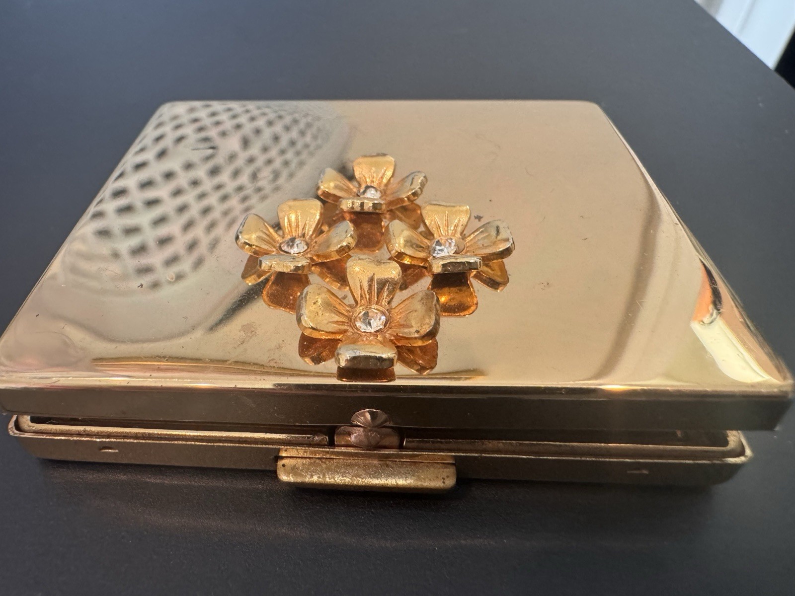 Vintage Paul Flato Compact Dogwood Blossom Gold Tone Mirror