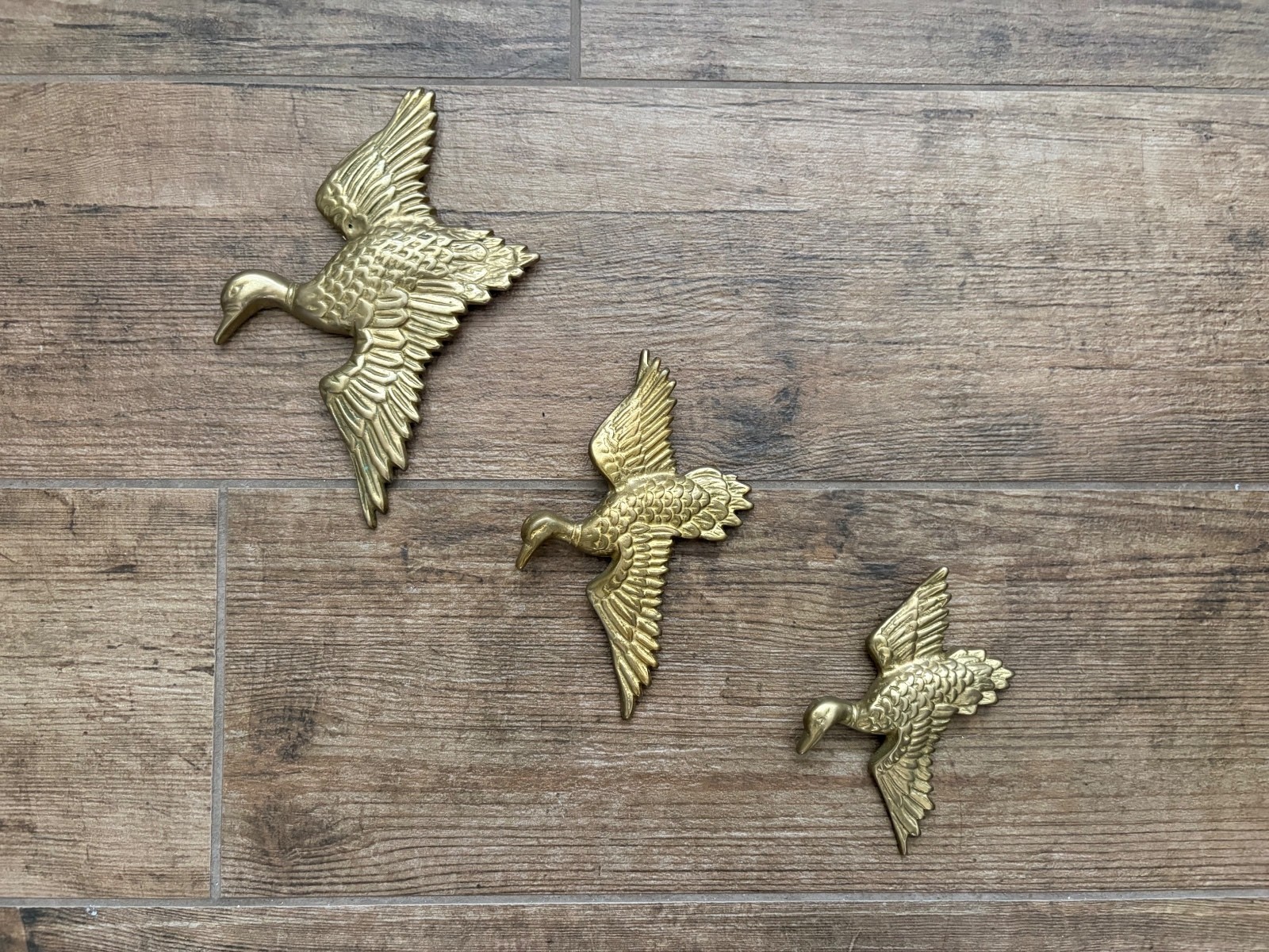 Vintage MCM Brass Ducks Trio Wall Hangings