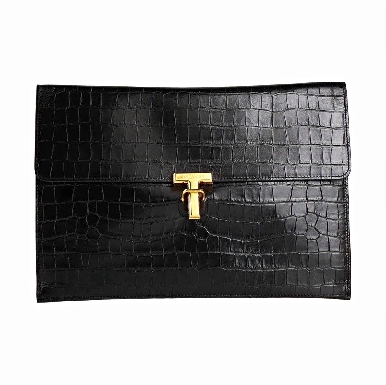 Black Crocodile Embossed Clutch Gold Hardware Turn Lock Rectangle Women’s