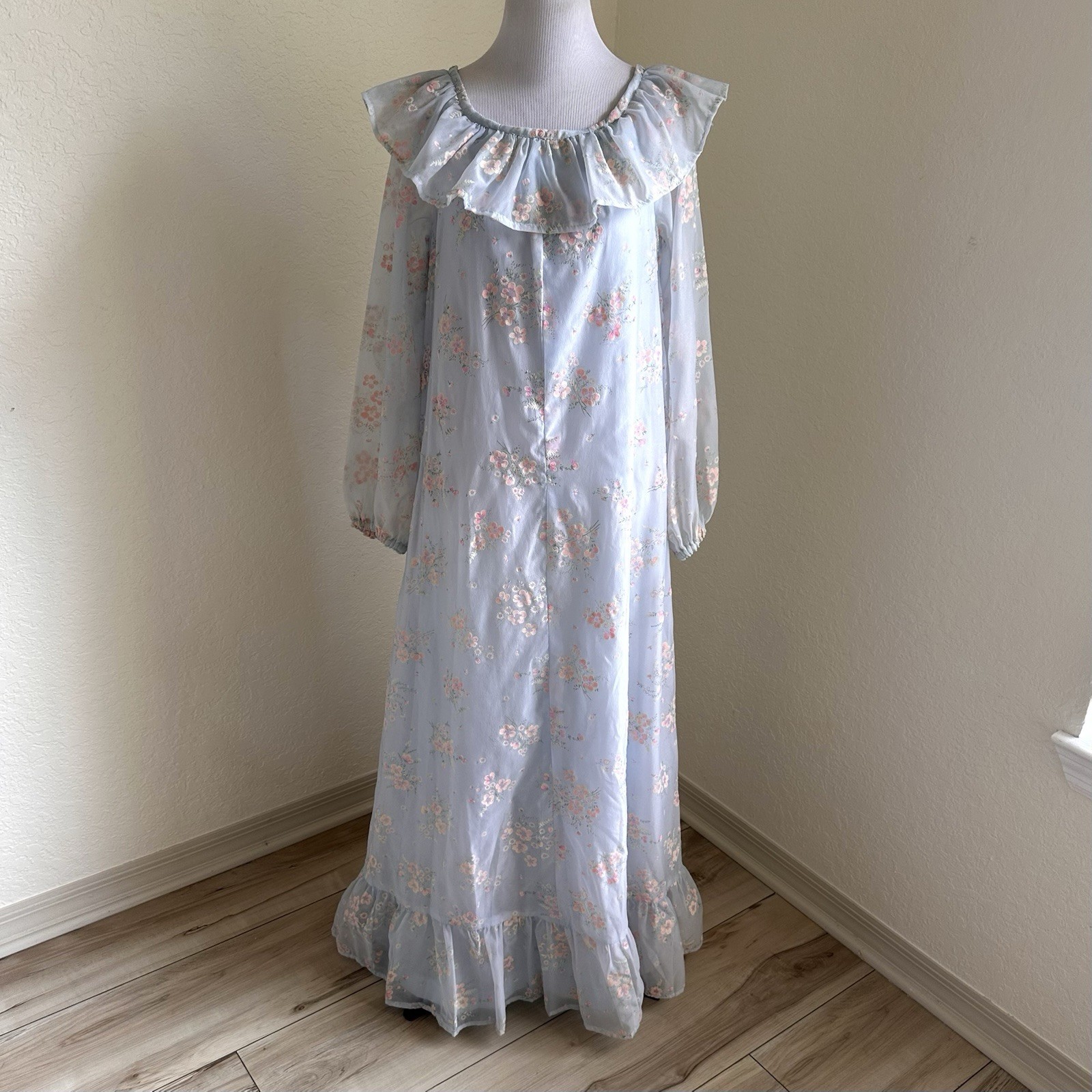 60s 70s Vintage Prarie Dress with Dainy Blue Floral Print  Maxi Dress Handmade