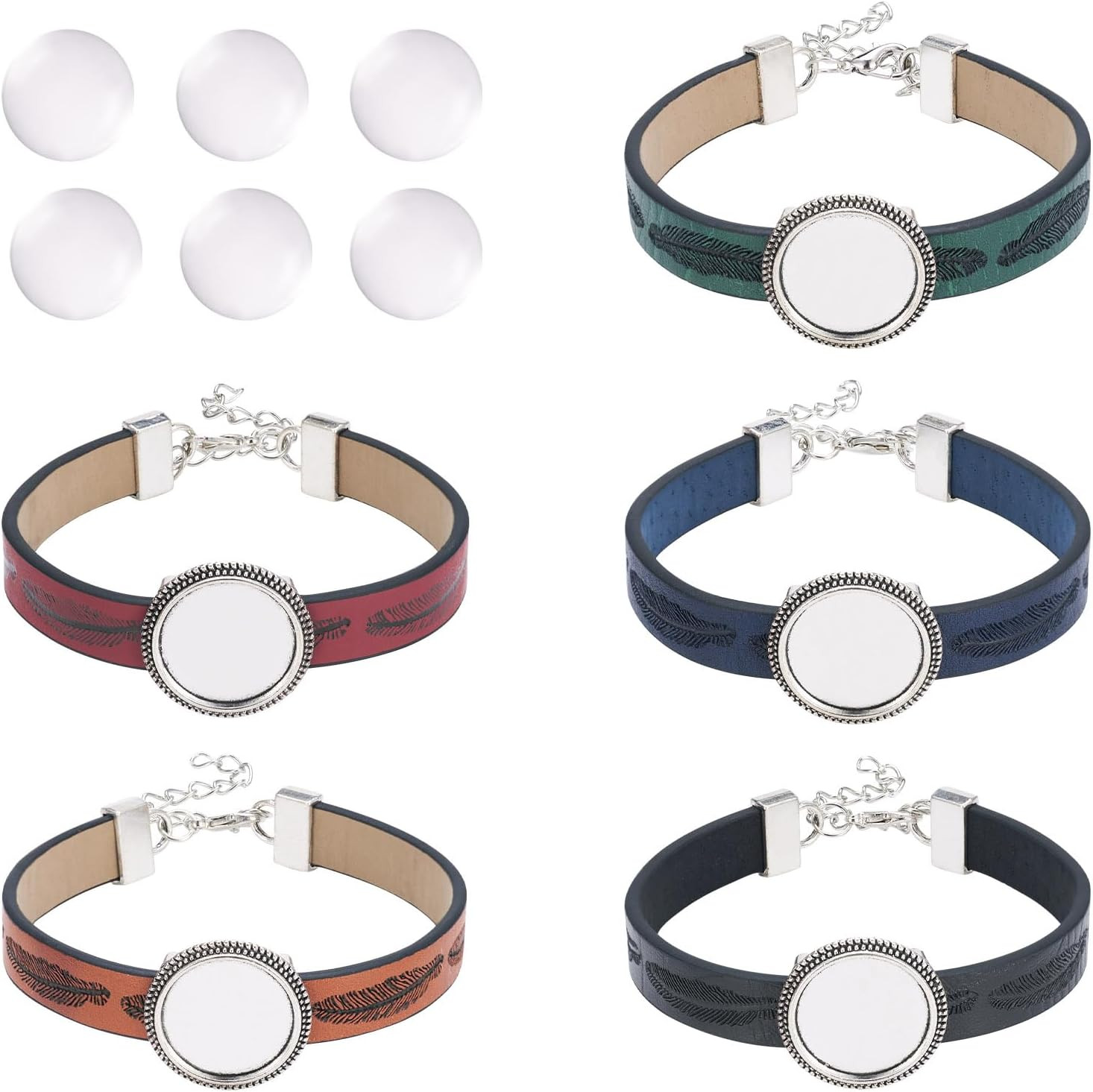 5Pcs PU Leather Cord Bracelet with Glass Cabochons for Jewelry Making - 23Mm Rou