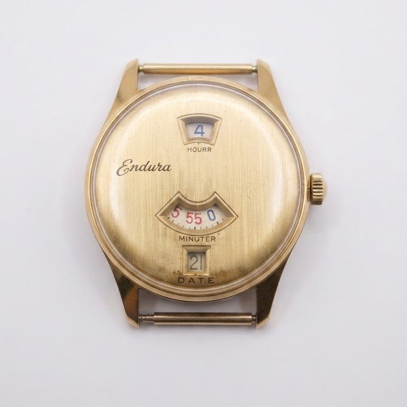 Vintage Endura Swiss Made Jump Hour Digital Watch Gold Tone 12108 OR-9246 1970s