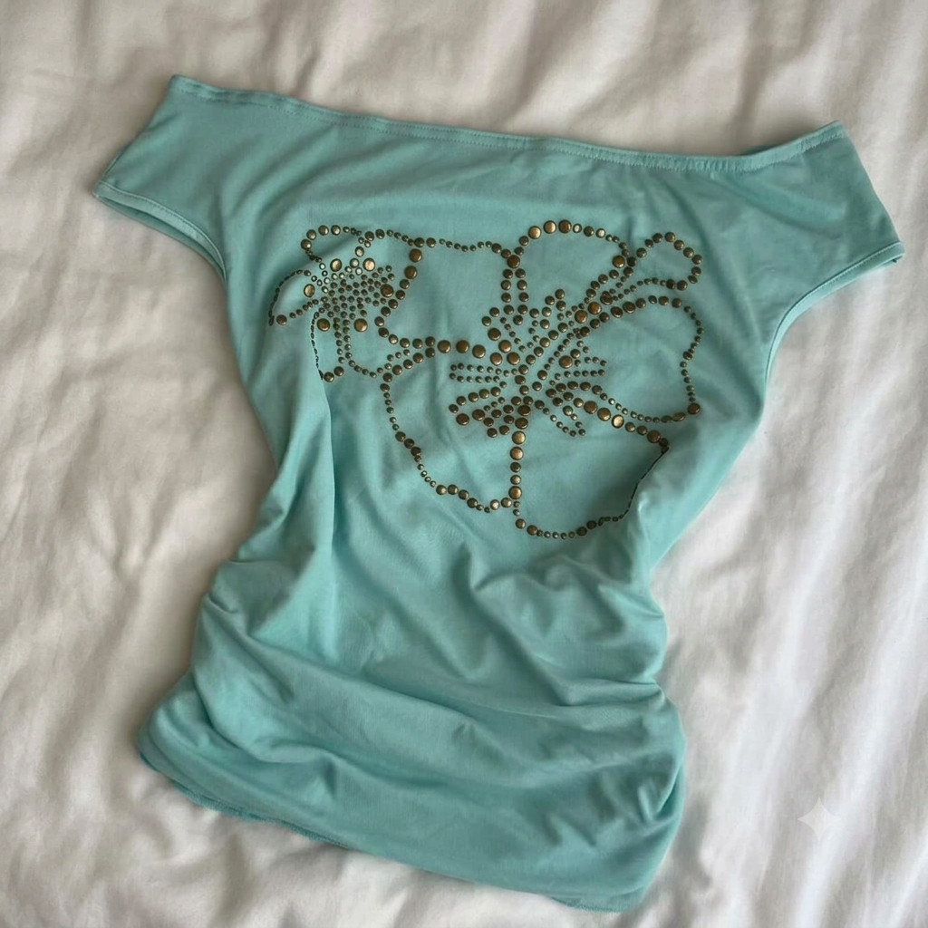 Vintage Y2K Sky Blue Asymmetrical Top Green Floral Beading Skew Neck (Regular)