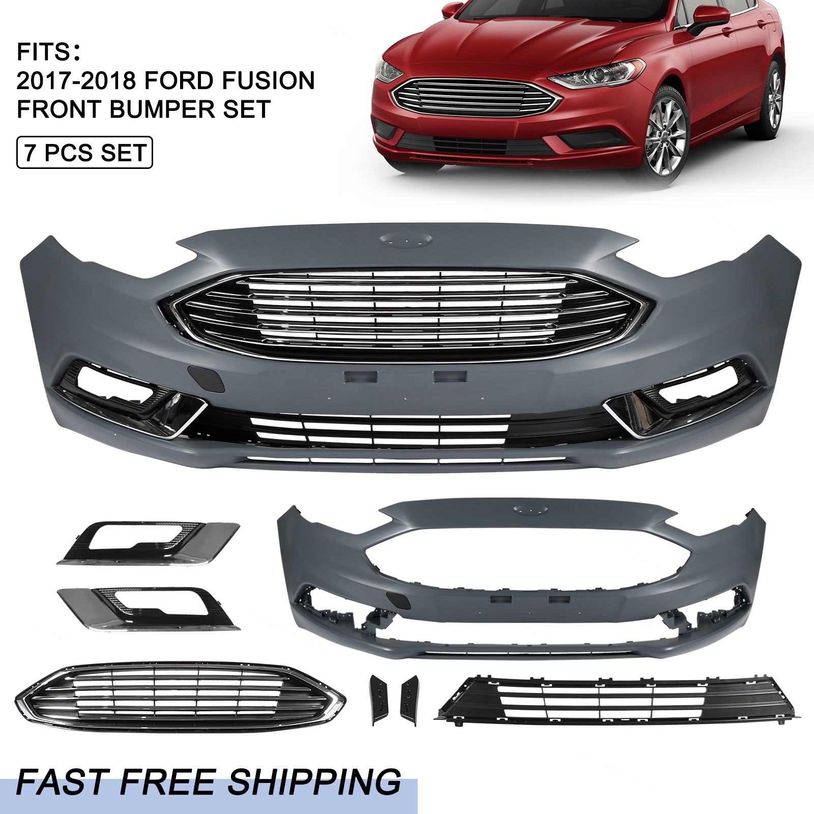 Grille Set 7pcs Fits 2017 2018 Ford Fusion Front Bumper Cover Complete Assembly