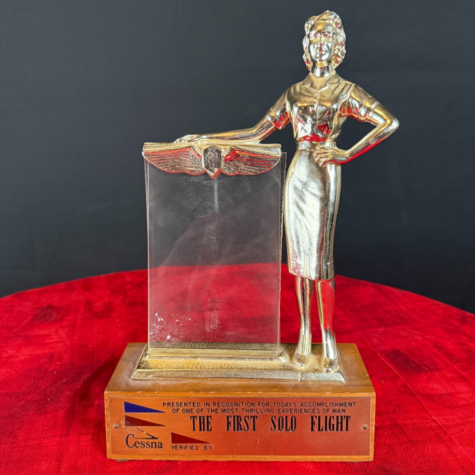 Vintage Cessna First Solo Flight Trophy Plaque Aviation Desk Display