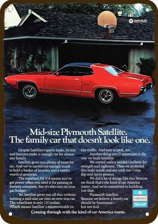 1972 PLYMOUTH Satellite 318 V-8 Car Vintage-Look DECORATIVE REPLICA METAL SIGN