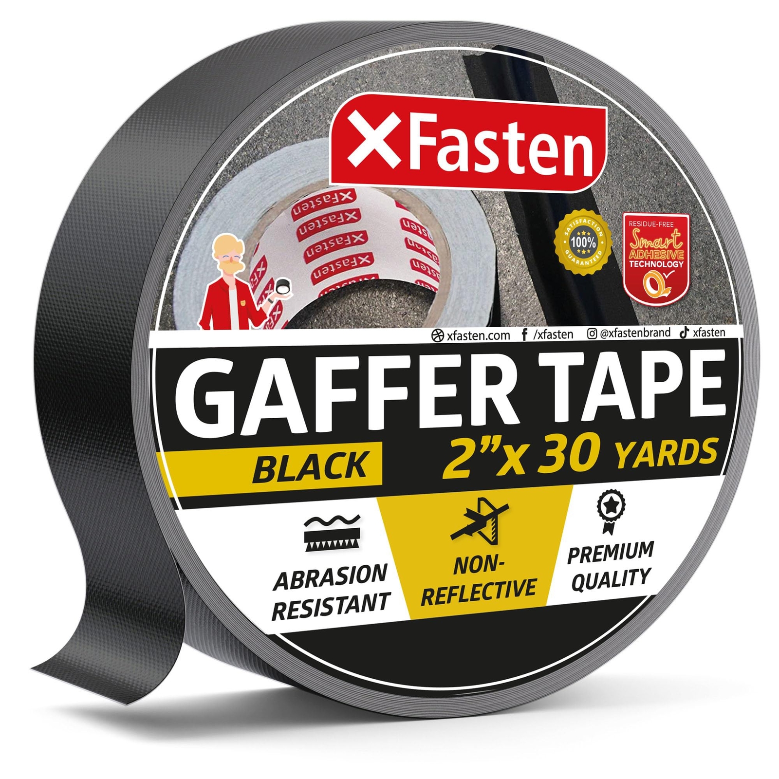 XFasten Black Gaffers Tape 2 Inch X 30 Yards, No Residue Tape, Black Gaffer T...