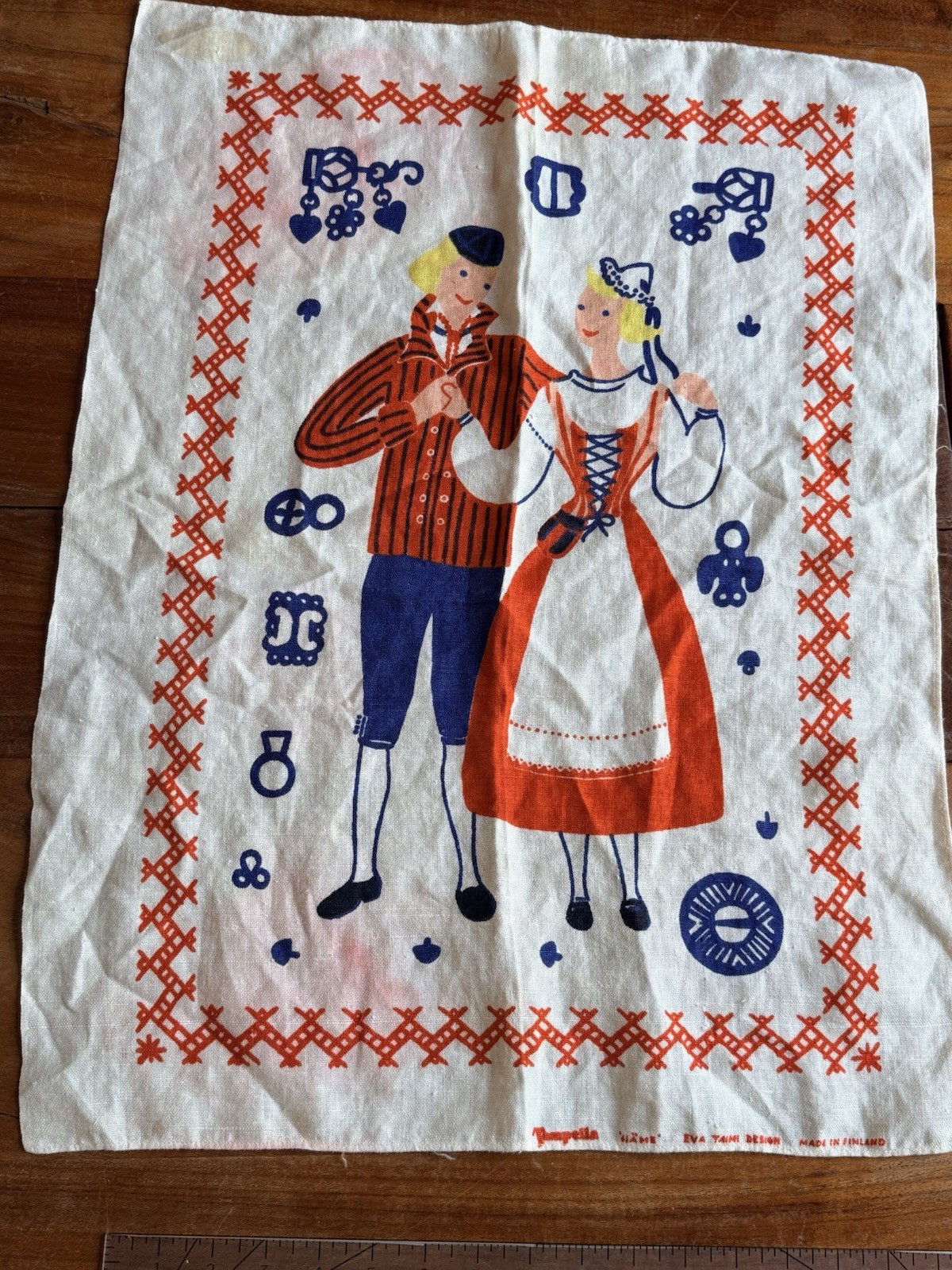 Vintage Finnish Boy & Girl Kitchen Dish/Tea Towel Cotton Blue Red Yellow