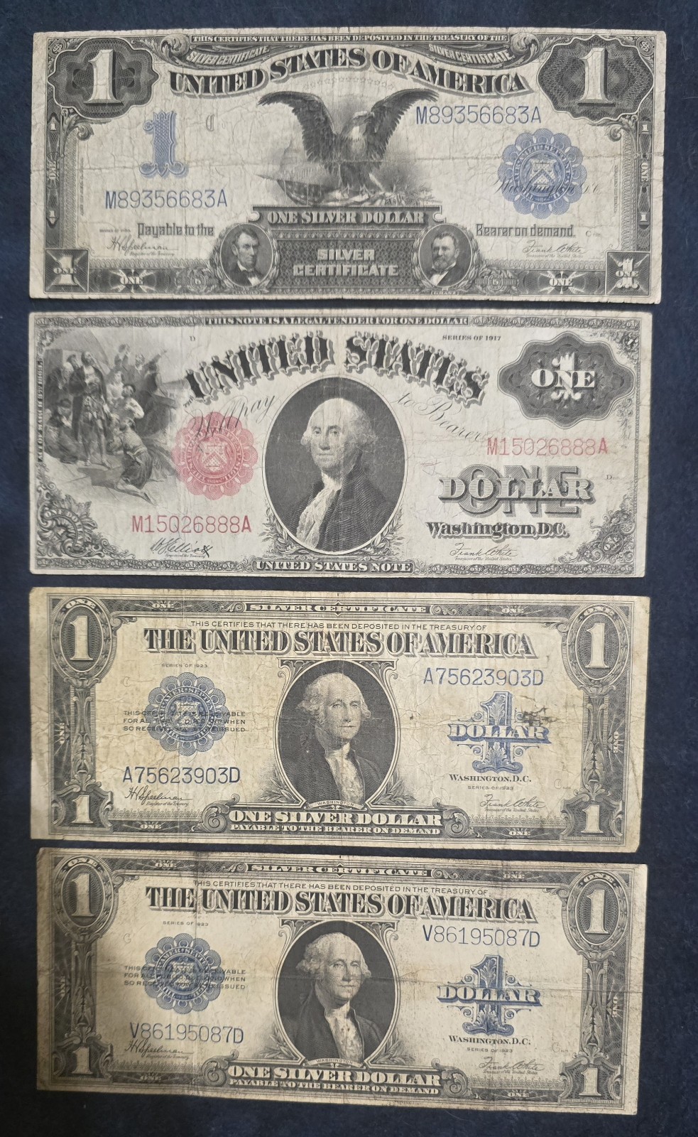 Lot of 4 Large Size US Paper Money - 1899 Black Eagle, 1917 $1, 1923 $1 (x2) RAW Lot of 4 Large Size US Paper Money - 1899 Black Eagle, 1917 $1, 1923 $1 (x2) RAW