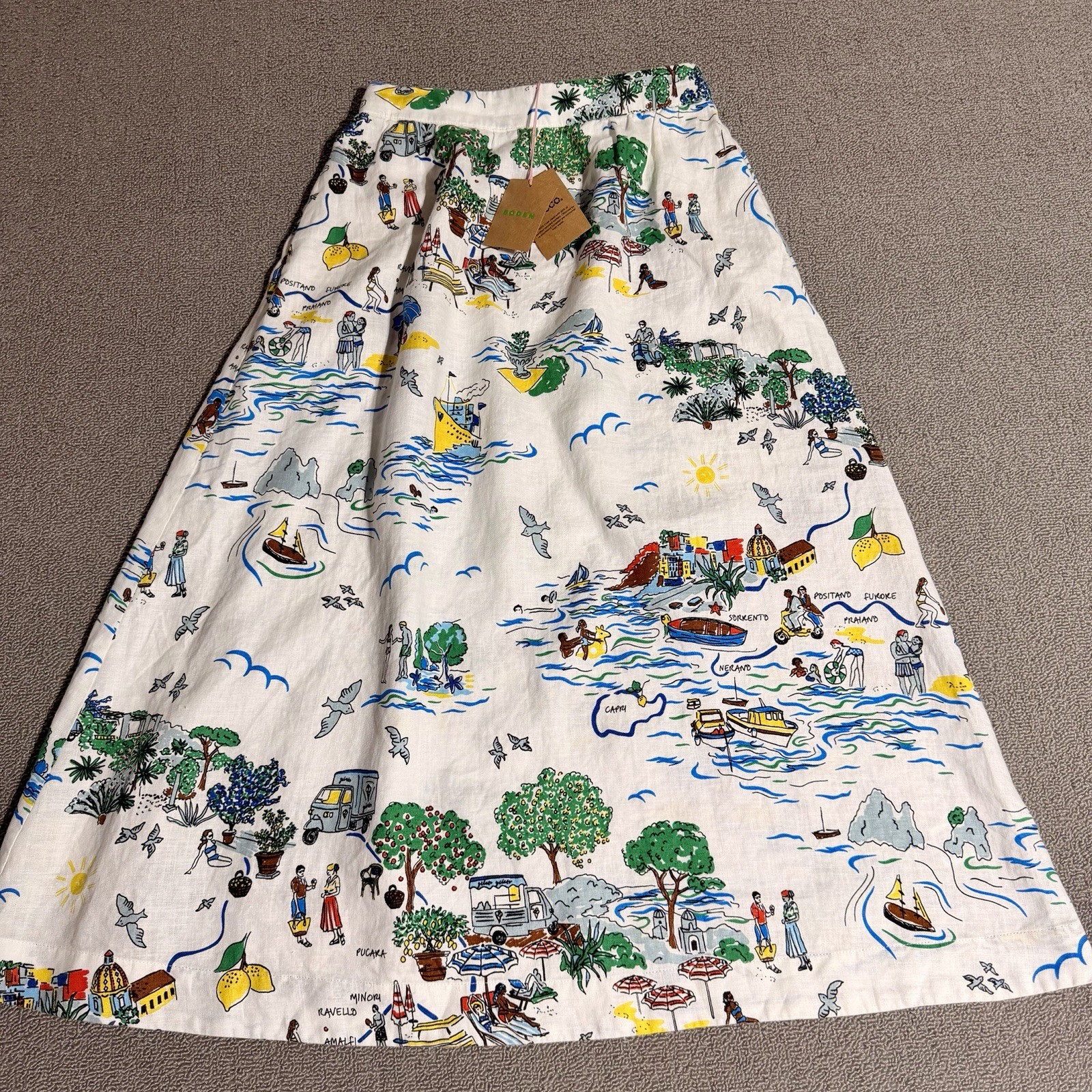 NWT Boden Florence Linen Midi Skirt Pockets 2P Amalfi Coast Italy Map NWT