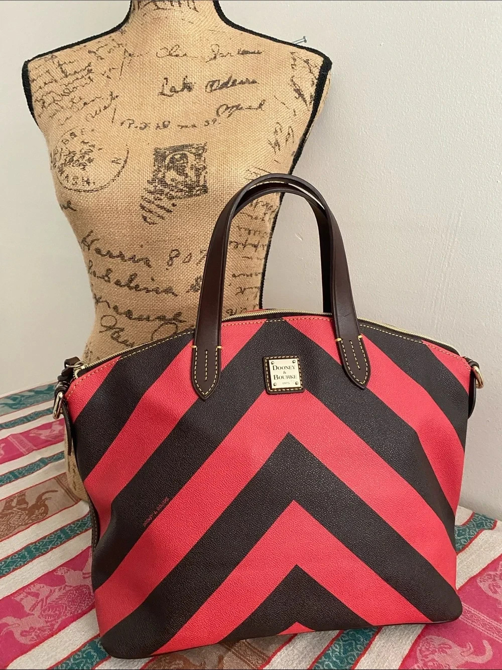 Dooney & Bourke Large Chevron Gabriela Satchel In Red and Espresso Pebbled Grain Dooney & Bourke Large Chevron Gabriela Satchel In Red and Espresso Pebbled Grain