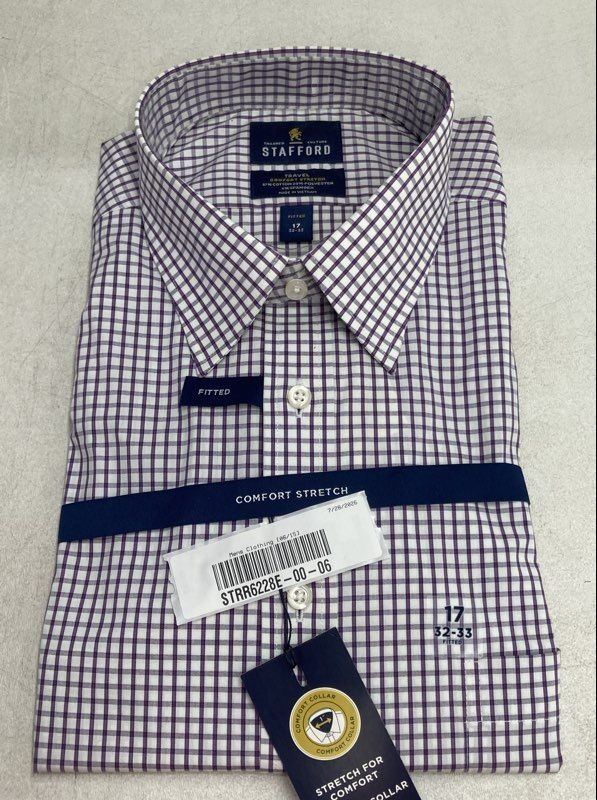 Stafford Mens Travel Comfort Stretch Fitted Graph Check Dress Shirt 17 32-33 NWT