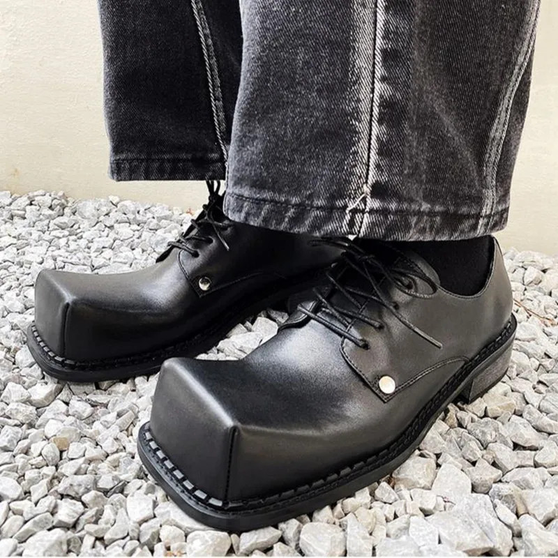 Male Square Head Leather Shoes Chunky Platform Casual Work Low Top Derby Boots