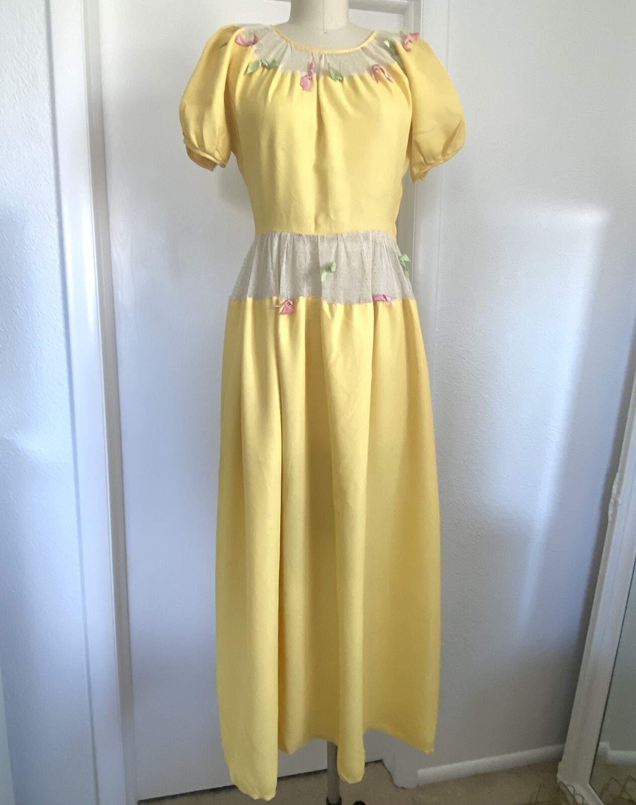 Vintage 1930s Yellow Bows Mesh Peekaboo Maxi Dress Long Womens 30s 1940s 40s Vintage 1930s Yellow Bows Mesh Peekaboo Maxi Dress Long Womens 30s 1940s 40s