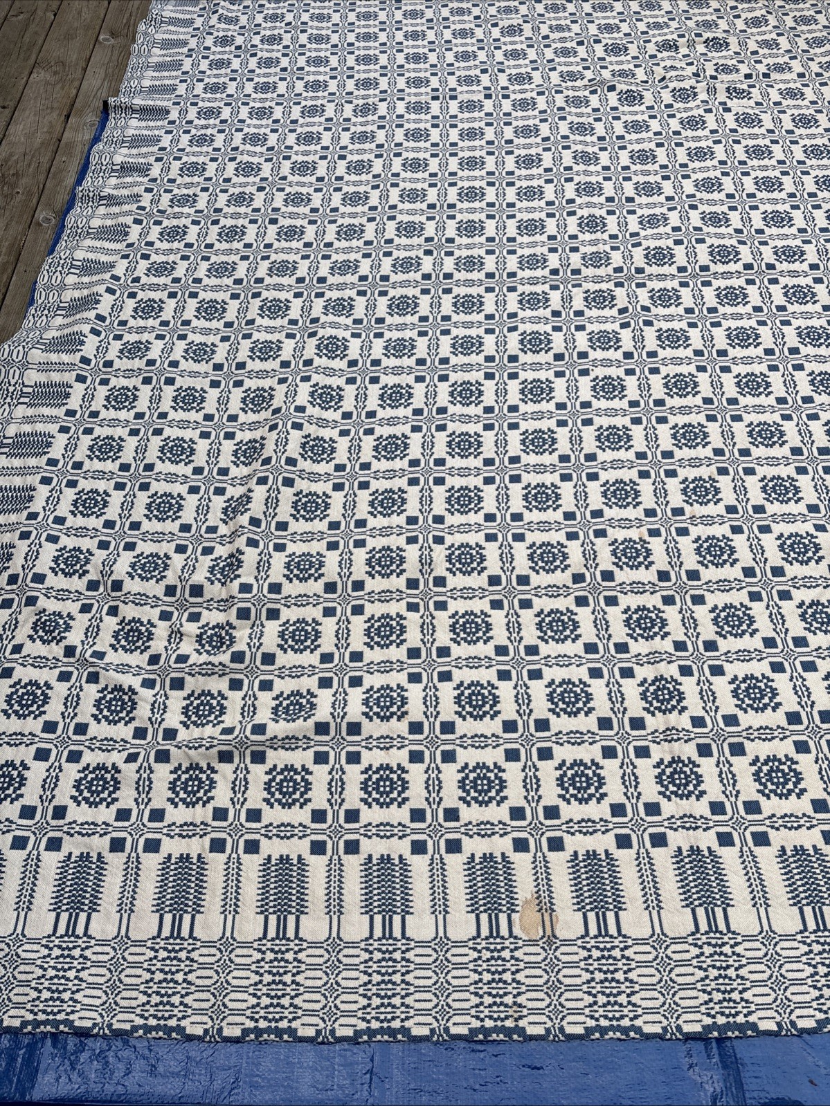 Antique Blue & White Jacquard Woven Wool Coverlet Americana  106” X 90”