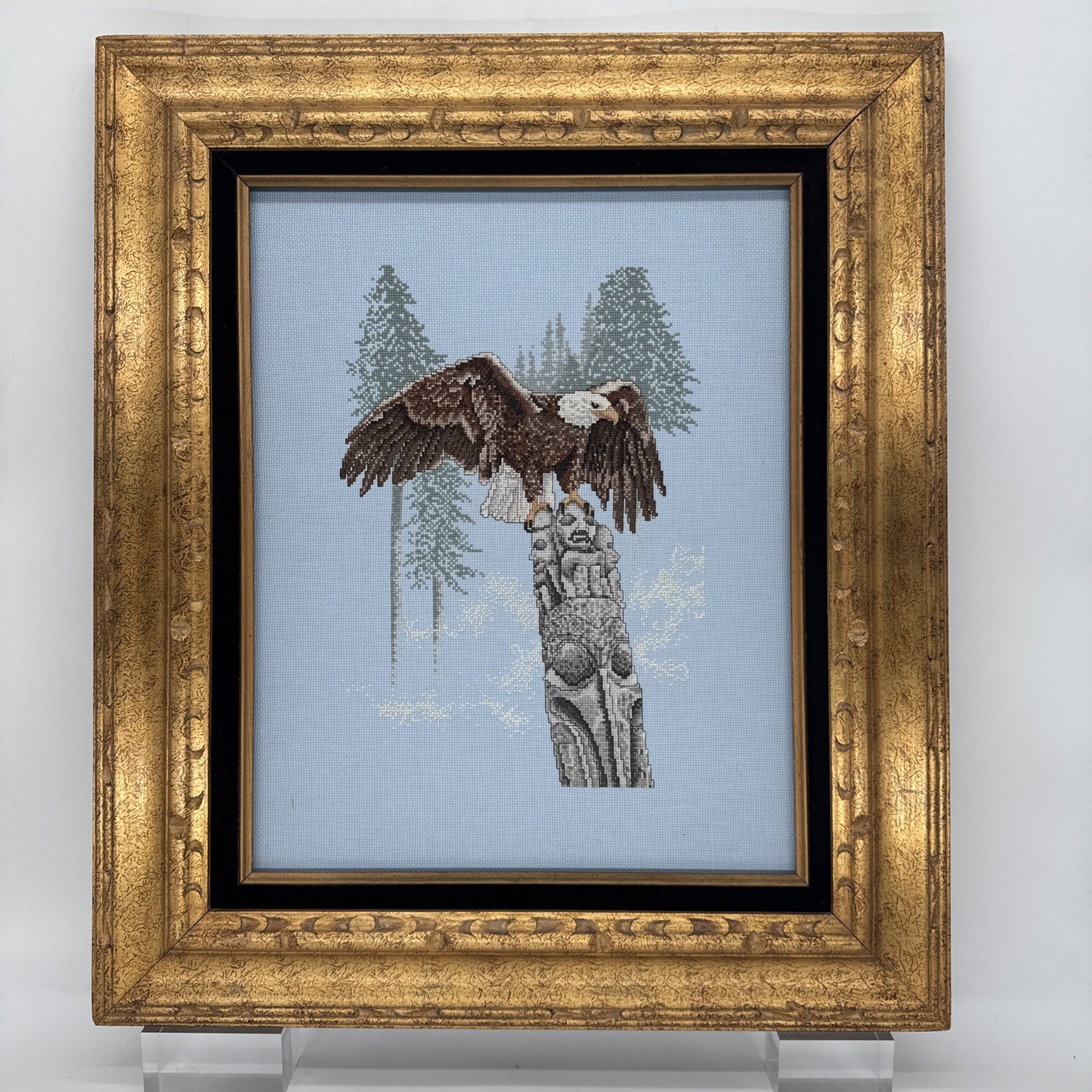Lg Vintage Needlepoint PNW USA Bald Eagle On Native Totem Pro-Framed 24” X 28”